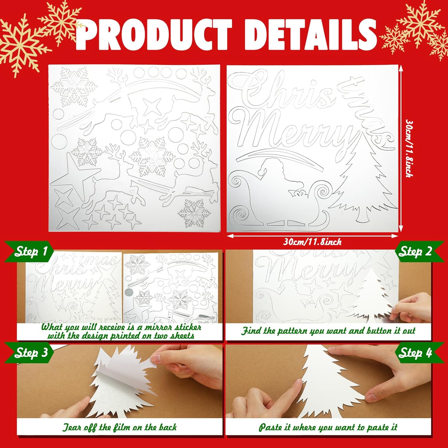 Calcomanías de pared de espejo de Navidad, Feliz Navidad, Papá Noel, reno, copos de nieve, espejo de ventana, se adhiere a la pared, calcomanías de