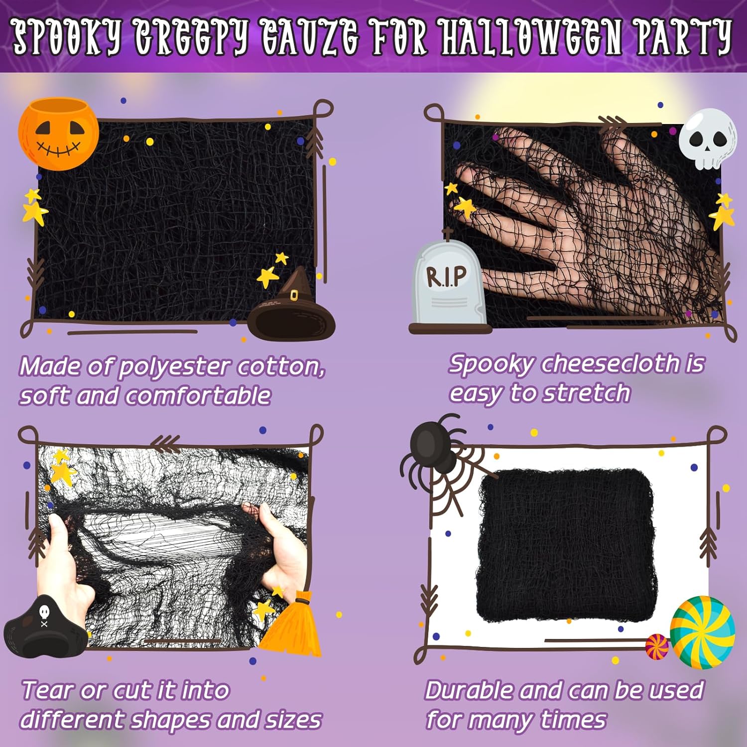 ZeeDix Paquete de 12 paños espeluznantes de Halloween de 30 x 75 pulgadas, decoración de Halloween, tela de gasa espeluznante para suministros de