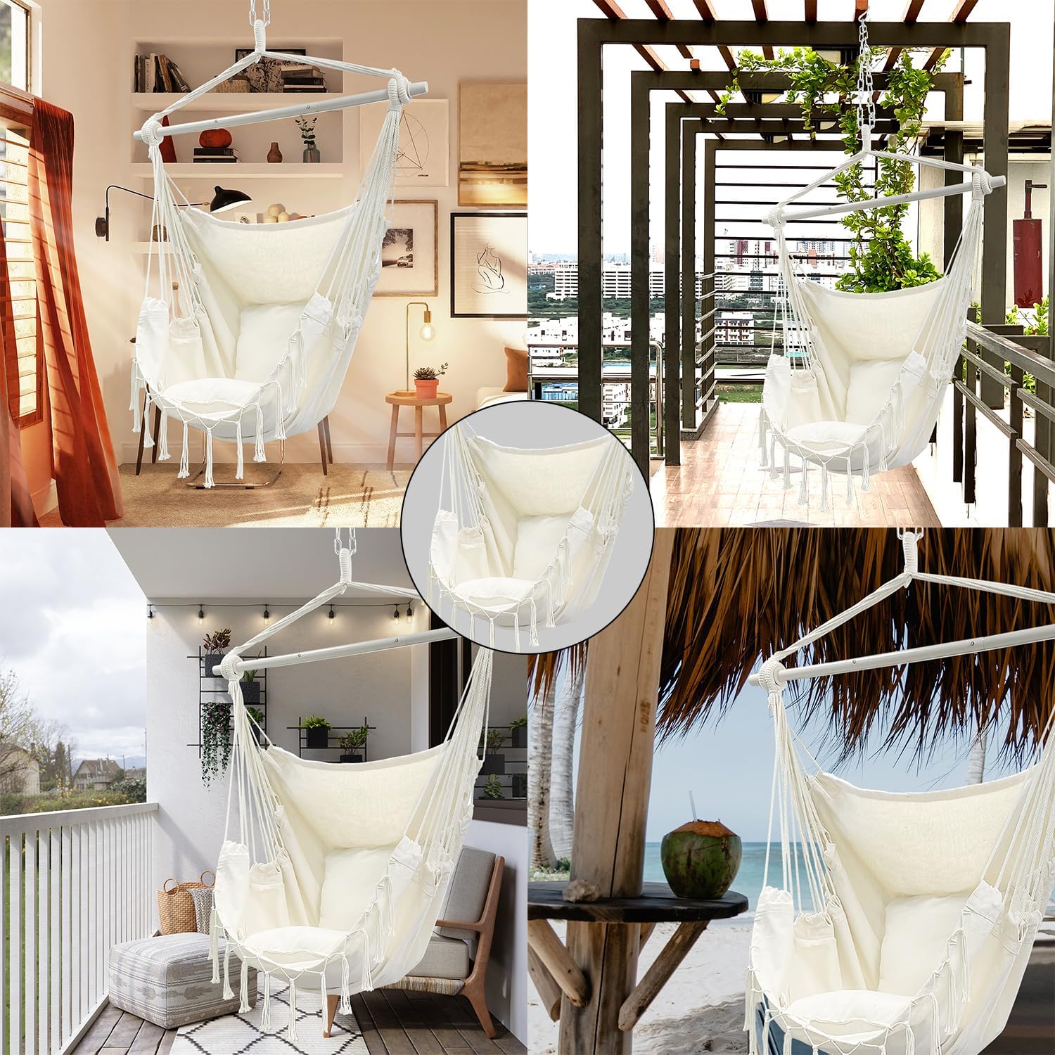 Sutekus Silla de hamaca colgante de cuerda con 2 cojines, silla hamaca colgante de cuerda con kit de accesorios de acero para patio al aire libre,