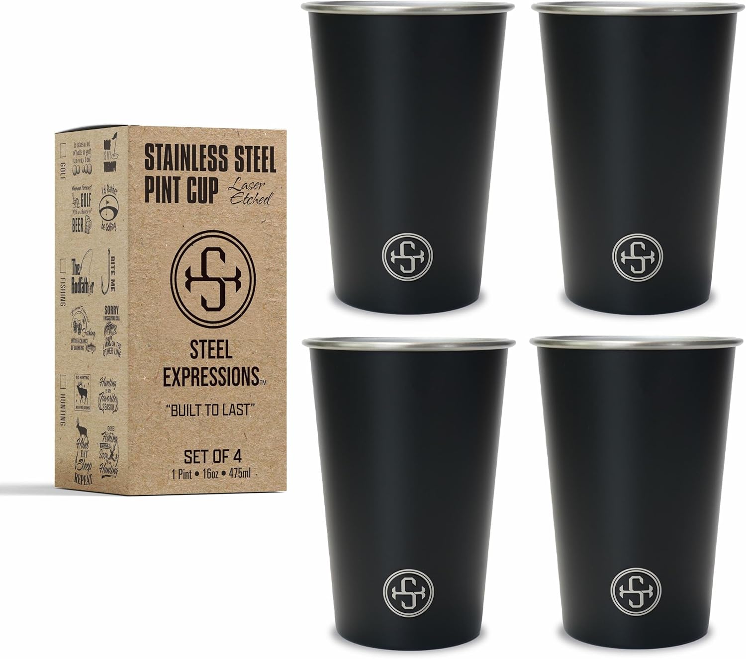 Steel Expressions – Vasos de acero inoxidable de 16 onzas, apilables y duraderos, para campamento, reutilizables y aptos para lavavajillas, juego de