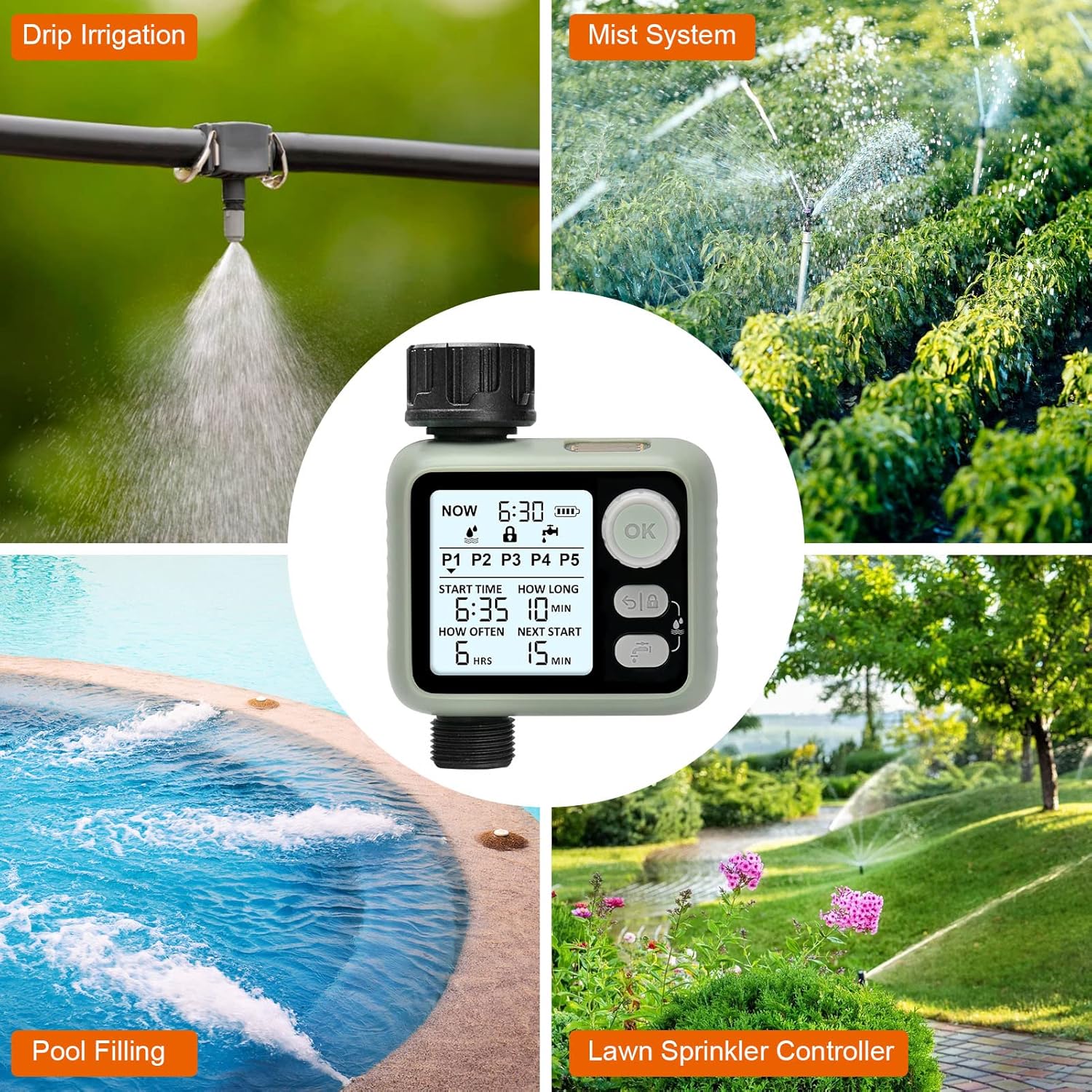 Temporizador de rociador de agua con 5 programas de riego separados para grifo de manguera de jardín, temporizador de manguera programable con