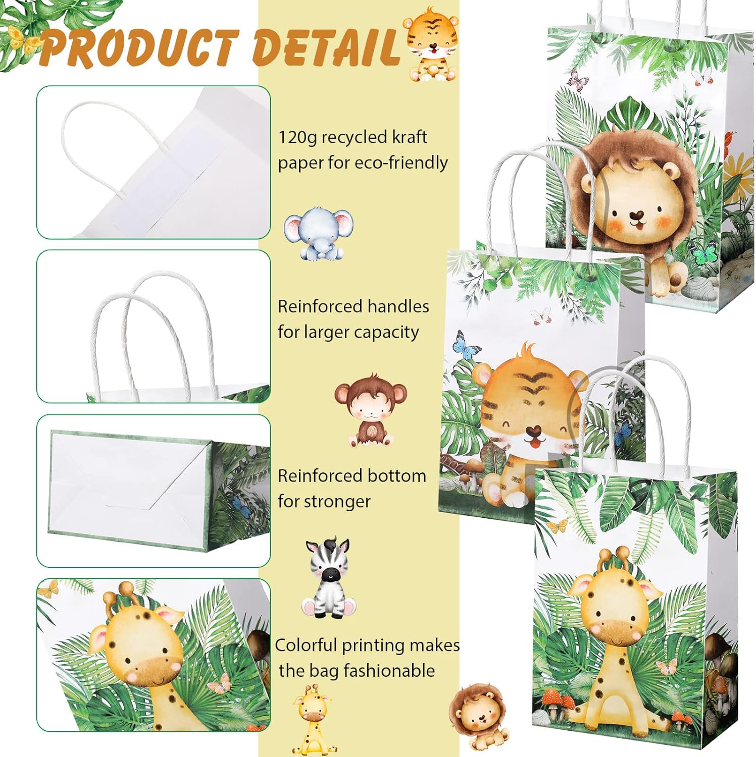 TaoBary Bolsas de regalo de animales con asas, león, tigre, elefante, mono, jirafa, bolsas de regalo para niños, fiesta temática de safari,