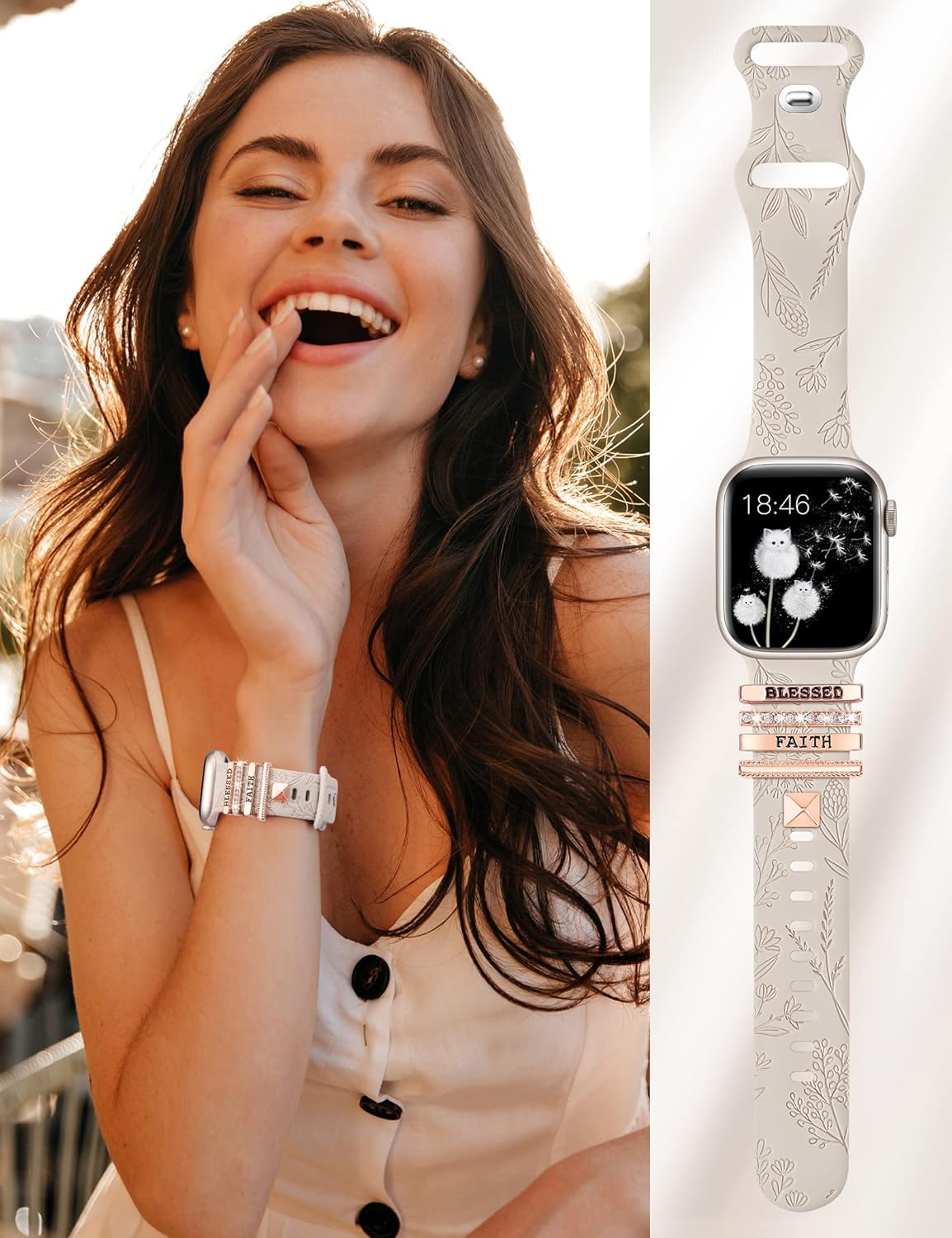 Minyee Compatible con Apple Watch Band con dijes para mujeres de 1.614 in, 1.575 in, 1.496 in, 1.654 in, 1.732 in, 1.772 in, 1.929 in, correa de
