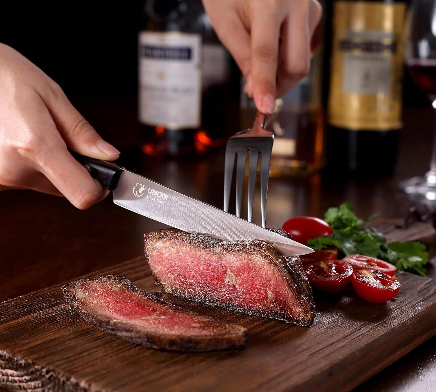 Juego de 6 cuchillos para carne de alta gama, caja de regalo, mango de madera natural negro, acero inoxidable alemán, borde recto, no dentado,