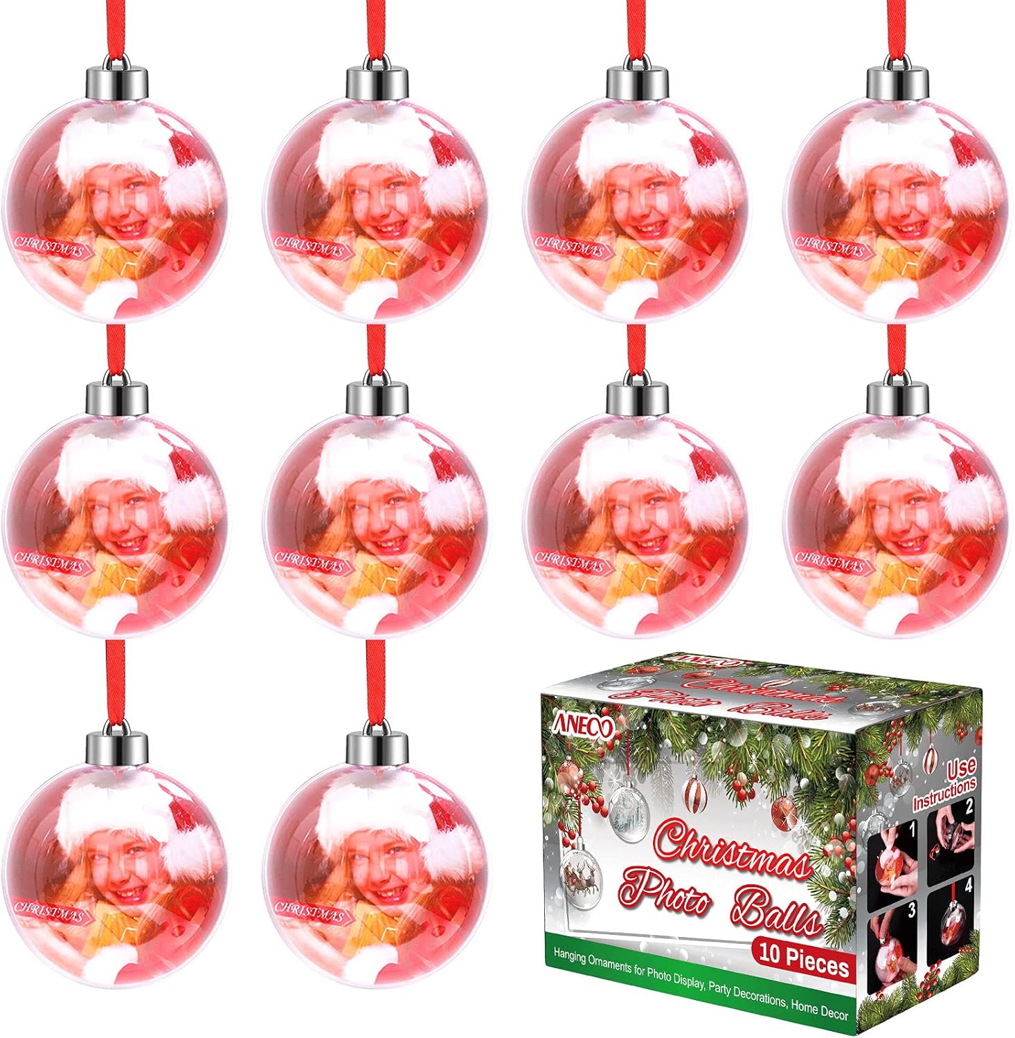 Aneco 10 adornos acrílicos transparentes para fotos, bola de Navidad de 3.150 in, adornos colgantes con tapa plateada y cordón rojo para exhibición