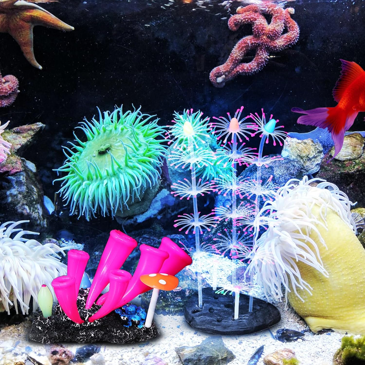 POPETPOP Decoraciones brillantes para pecera, 2 plantas de acuario de simulación de silicona de coral, plantas de acuario, adorno de acuario, planta