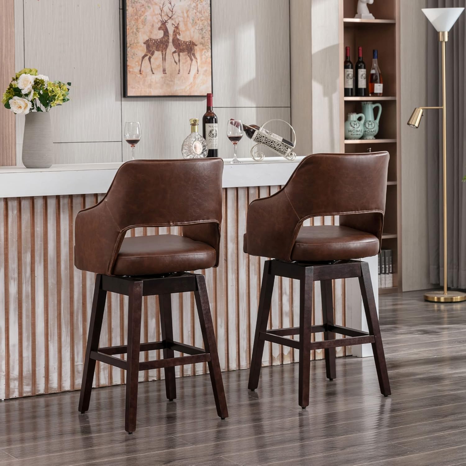 DM Furniture Juego de 2 taburetes de bar de 28 pulgadas de altura de mostrador, de piel sintética, giratorios de 360, con respaldo y patas de