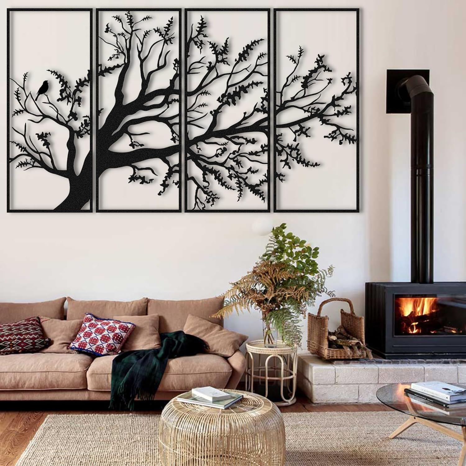 Arte de pared con árbol de la vida, juego de 4 piezas de arte de pared de árbol de metal, letrero de árbol, arte de pared de metal del árbol de la