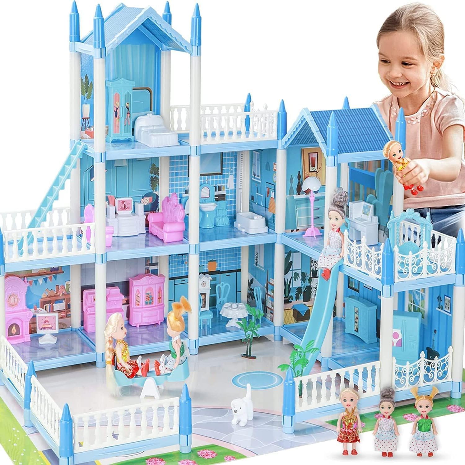 Casa de muñecas grande para niños de 3, 4, 5, 6, 7, 8, 3 pisos, 9 habitaciones, juguetes de casa de ensueño de princesa con 3 muebles para muñecas y