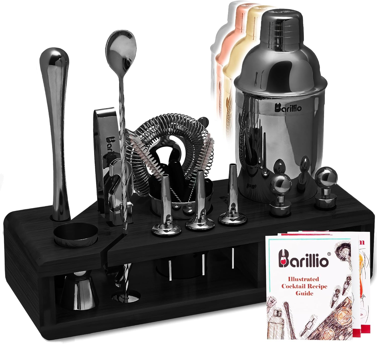 Barillio juego de mezclador de coctelería Black Mixology Bartender Set de mezclador de bebidas con herramientas de barra, mezclador, cuchara