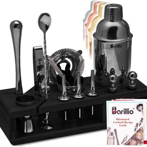 Barillio juego de mezclador de coctelería Black Mixology Bartender Set de mezclador de bebidas con herramientas de barra, mezclador, cuchara Barillio juego de mezclador de coctelería Black Mixology Bartender Set de mezclador de bebidas con herramientas de barra, mezclador, cuchara