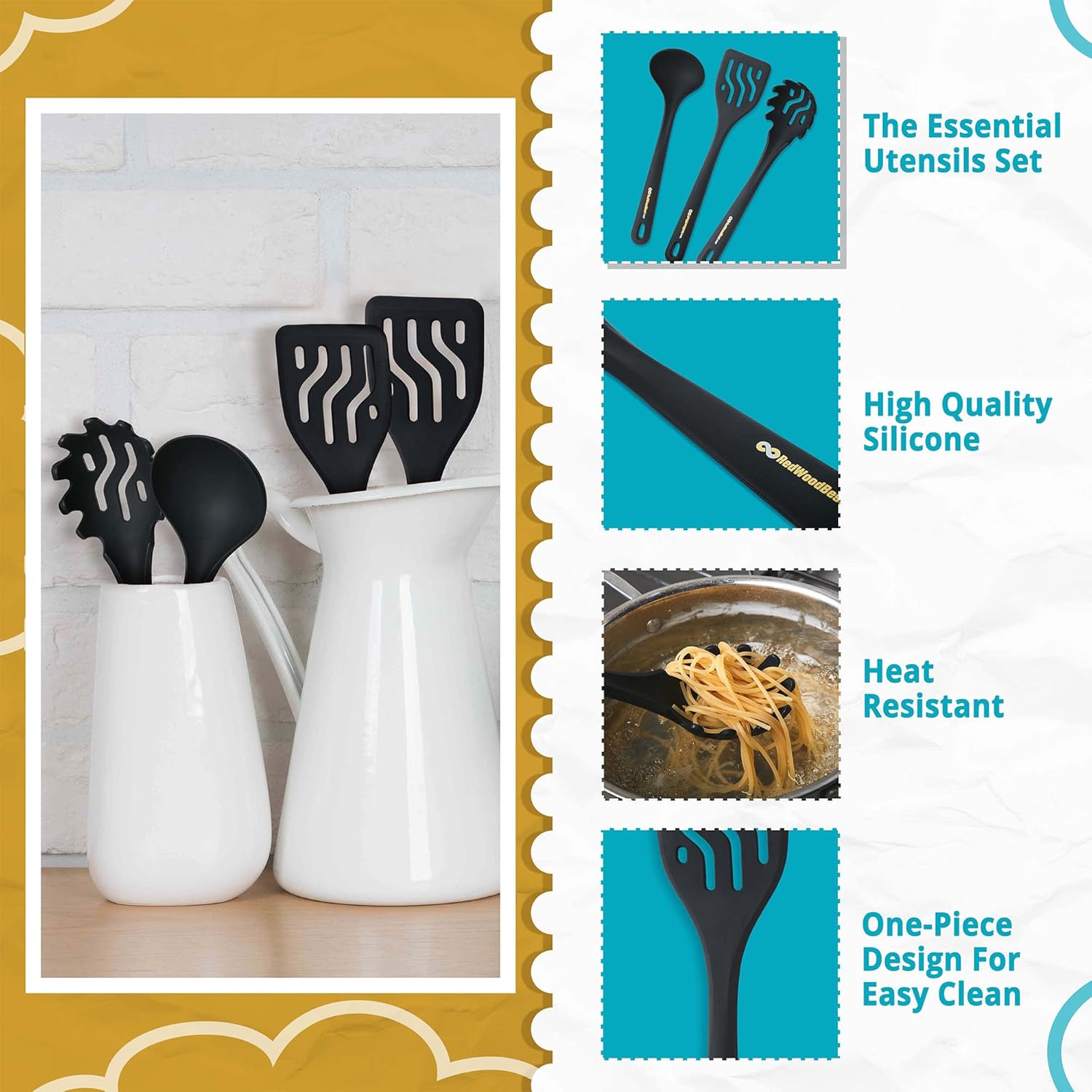 RedWoodBest Juego de utensilios de cocina esenciales para pasta de silicona, 3 piezas, haz pasta caliente casera con nuestros utensilios, tenedor