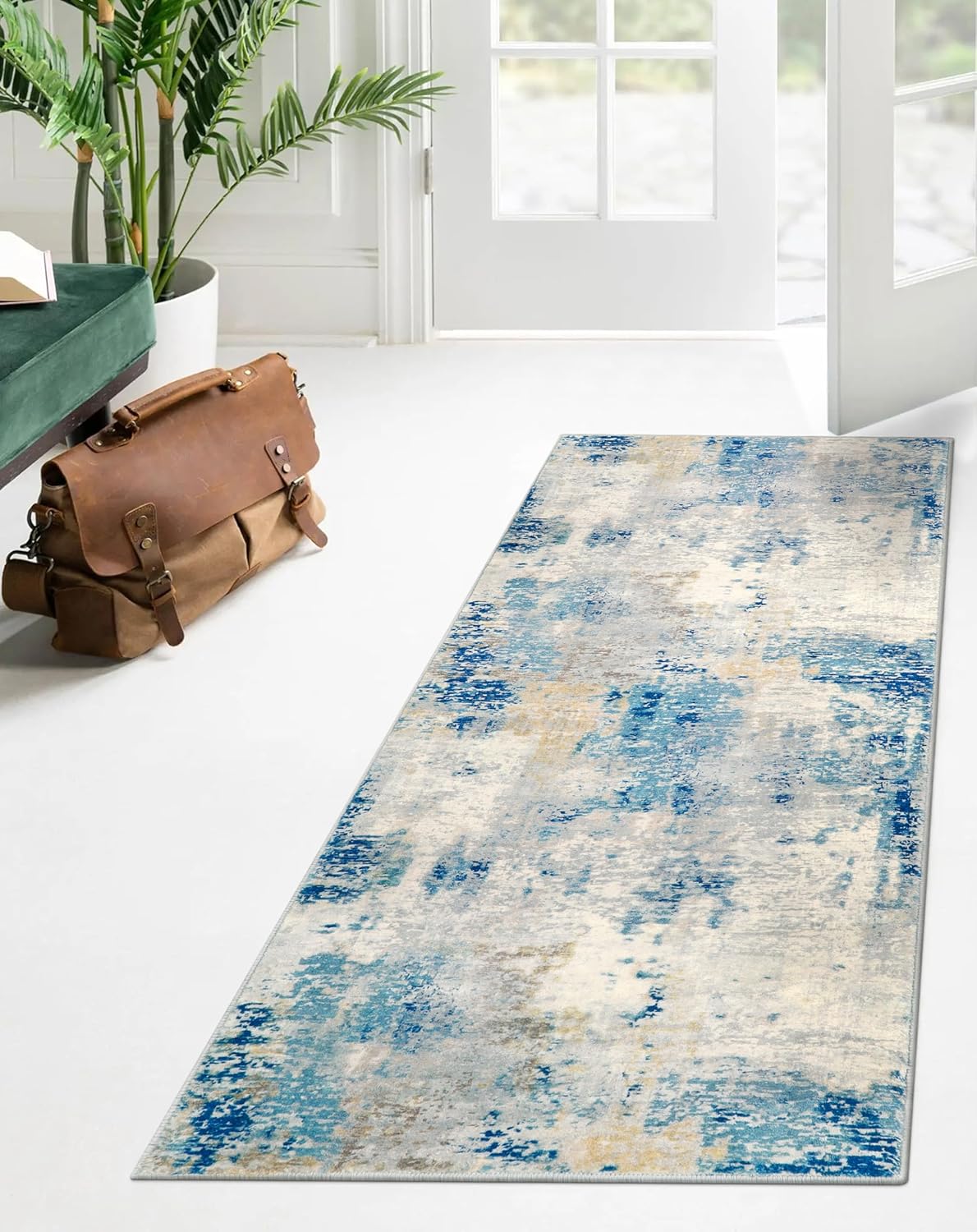 Alfombra de baño lavable azul moderna, alfombra antideslizante de 2 x 5 pies, tapete para cuarto de servicio, tapete envejecido, suave, esponjoso,
