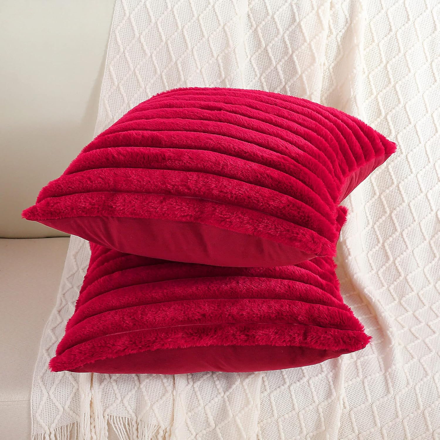 Juego de 2 fundas de almohada decorativas con rayas de color burdeos o rojo vino, 20 x 20 pulgadas, cuadradas y primaverales, piel sintética de