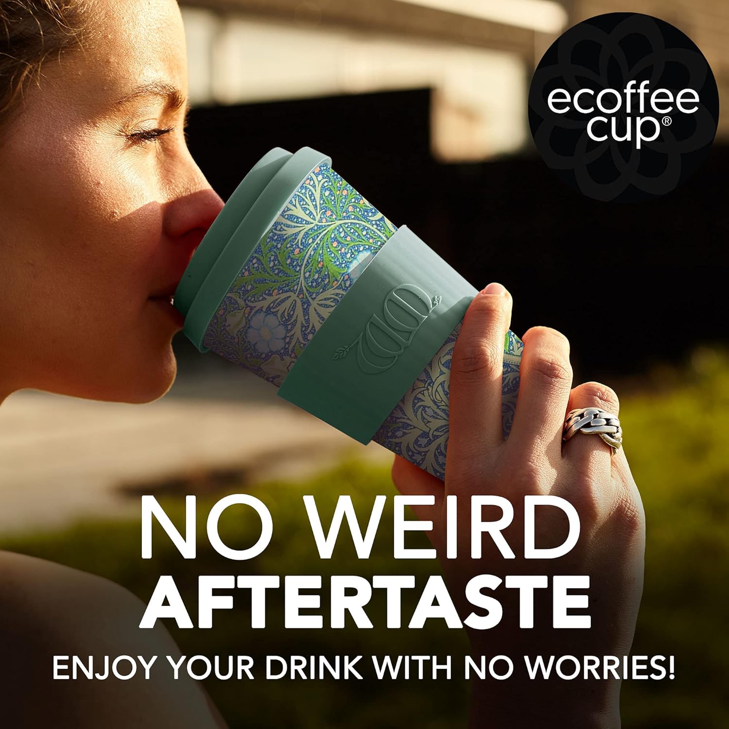 Ecoffee Cup + William Morris Seaweed Marine con silicona turquesa de 12 onzas, reutilizable y respetuosa con el medio ambiente para llevar