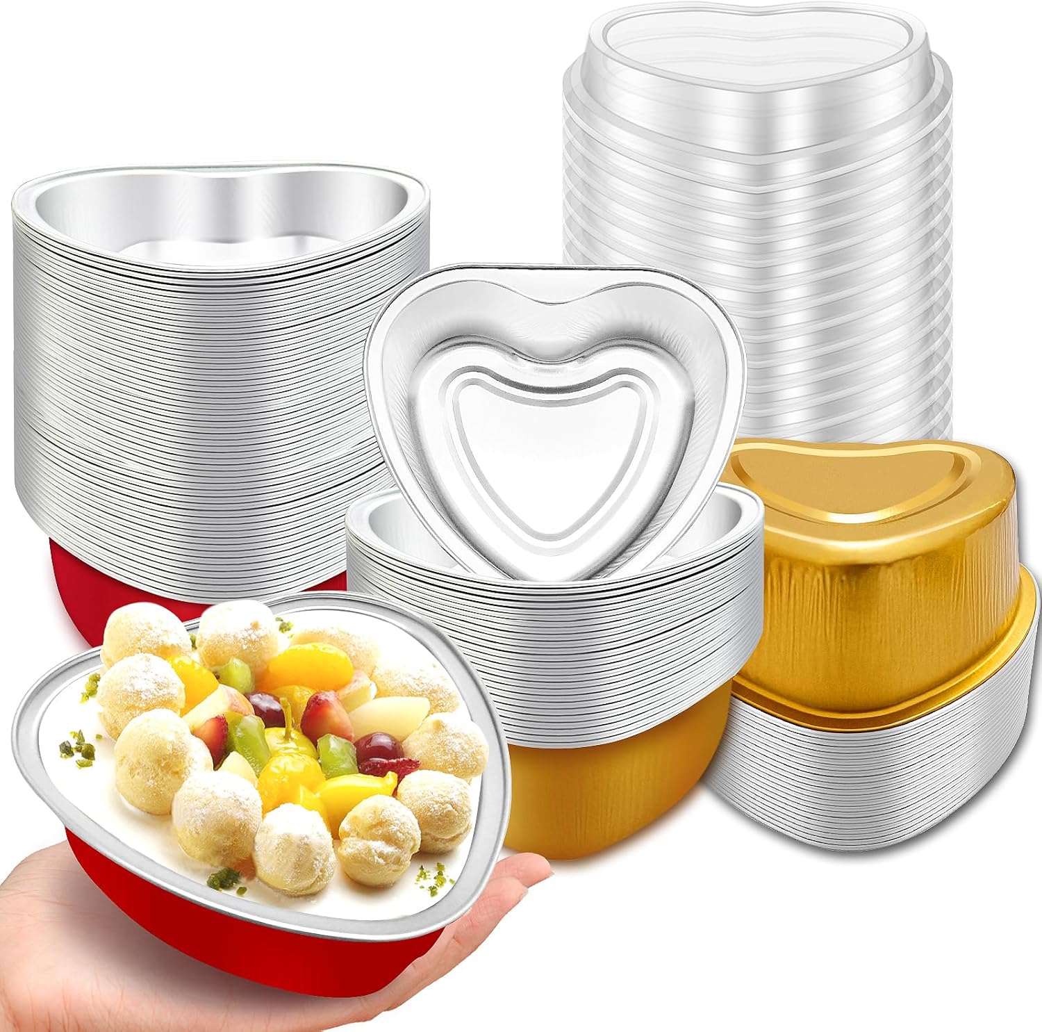 Kidum Juego de 50 sartenes de aluminio en forma de corazón de 6.8 onzas con tapas en forma de corazón, moldes desechables para cupcakes, recipientes