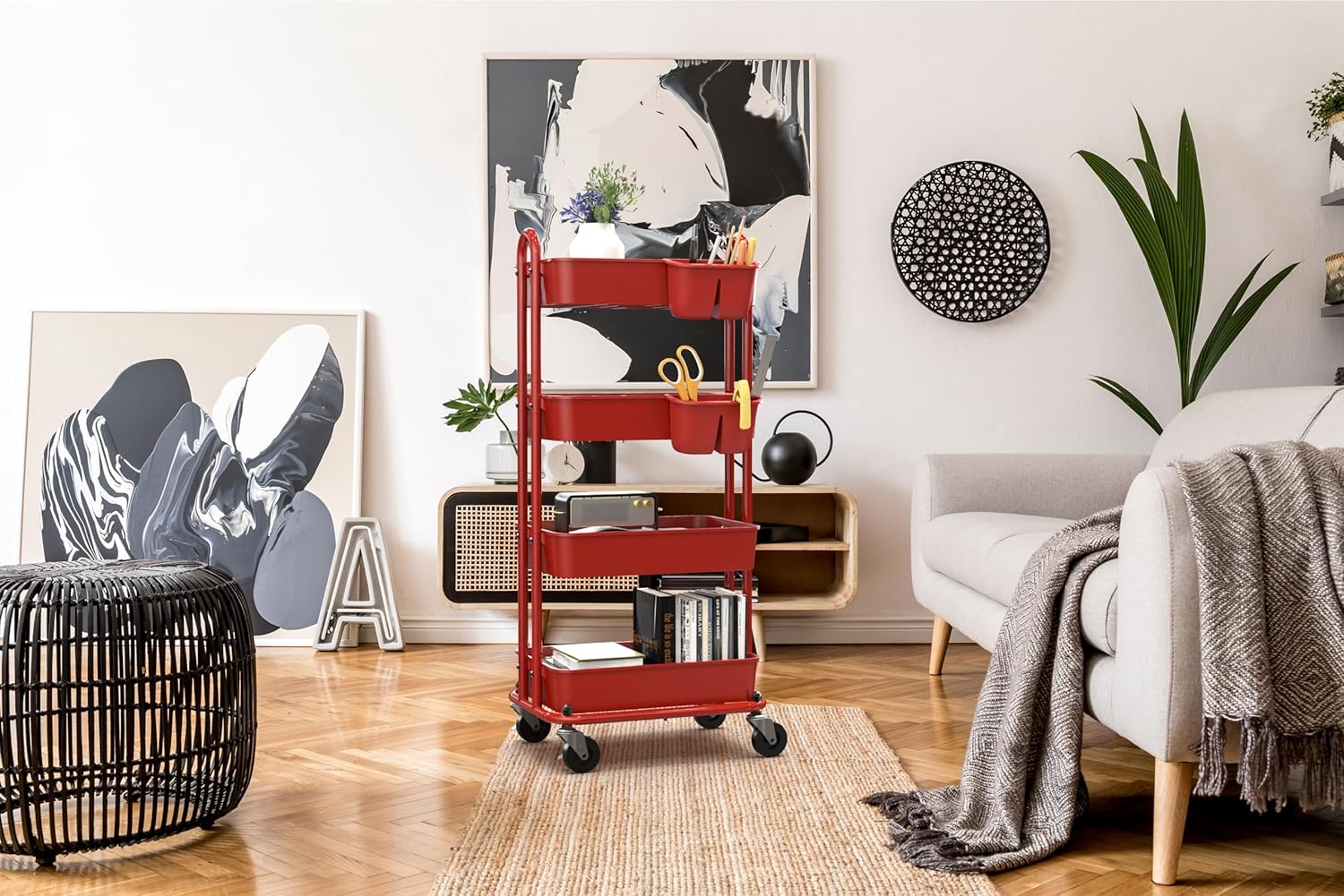 SimpleHouseware – Carrito utilitario multifuncional de 4 niveles con divisores de cesta y cubos colgantes, color rojo