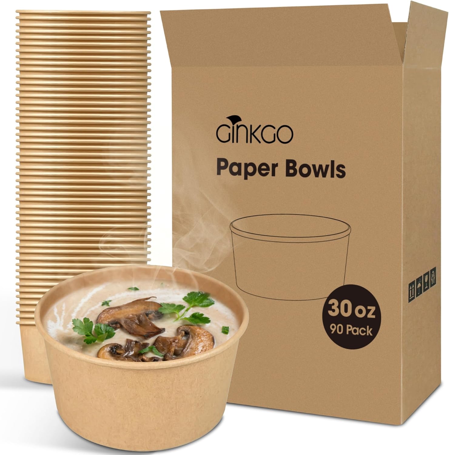 90 cuencos de papel grandes de 30 onzas a prueba de fugas, desechables, para sopa caliente, sin tapas de plástico, para cena o almuerzo diario