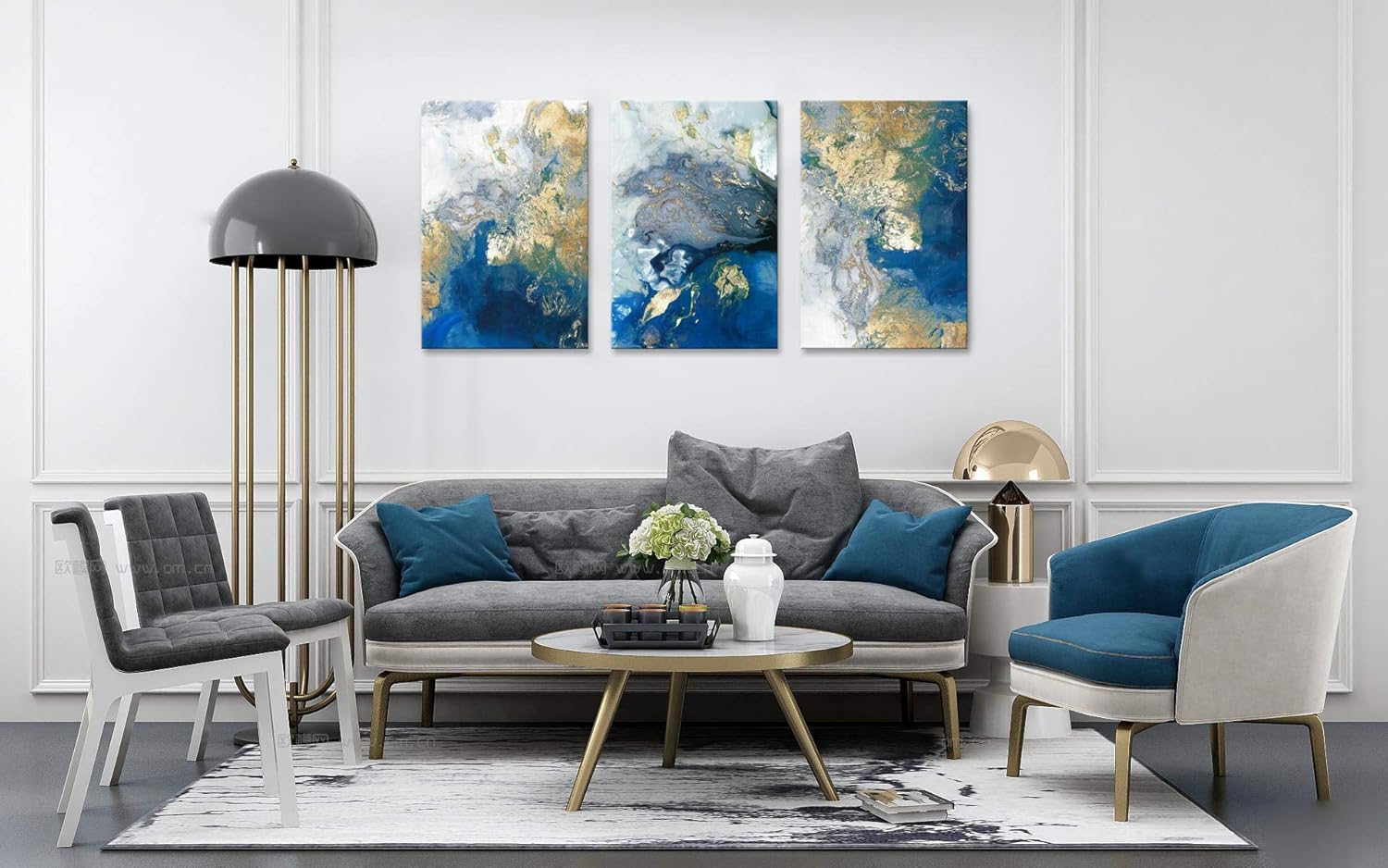 Lienzo abstracto del océano, cuadro azul, pintura dorada y verde azulado, obra de arte de ondas estrelladas, decoración de pared de 3 piezas para