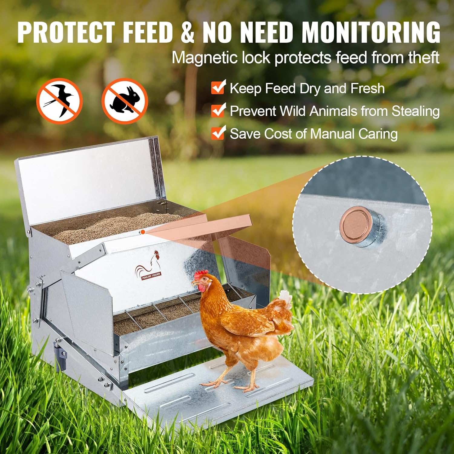 VEVOR CF-25 – Alimentador automático para aves de corral de acero galvanizado con tapa impermeable, prevención de aves, para pollos, faisanes,