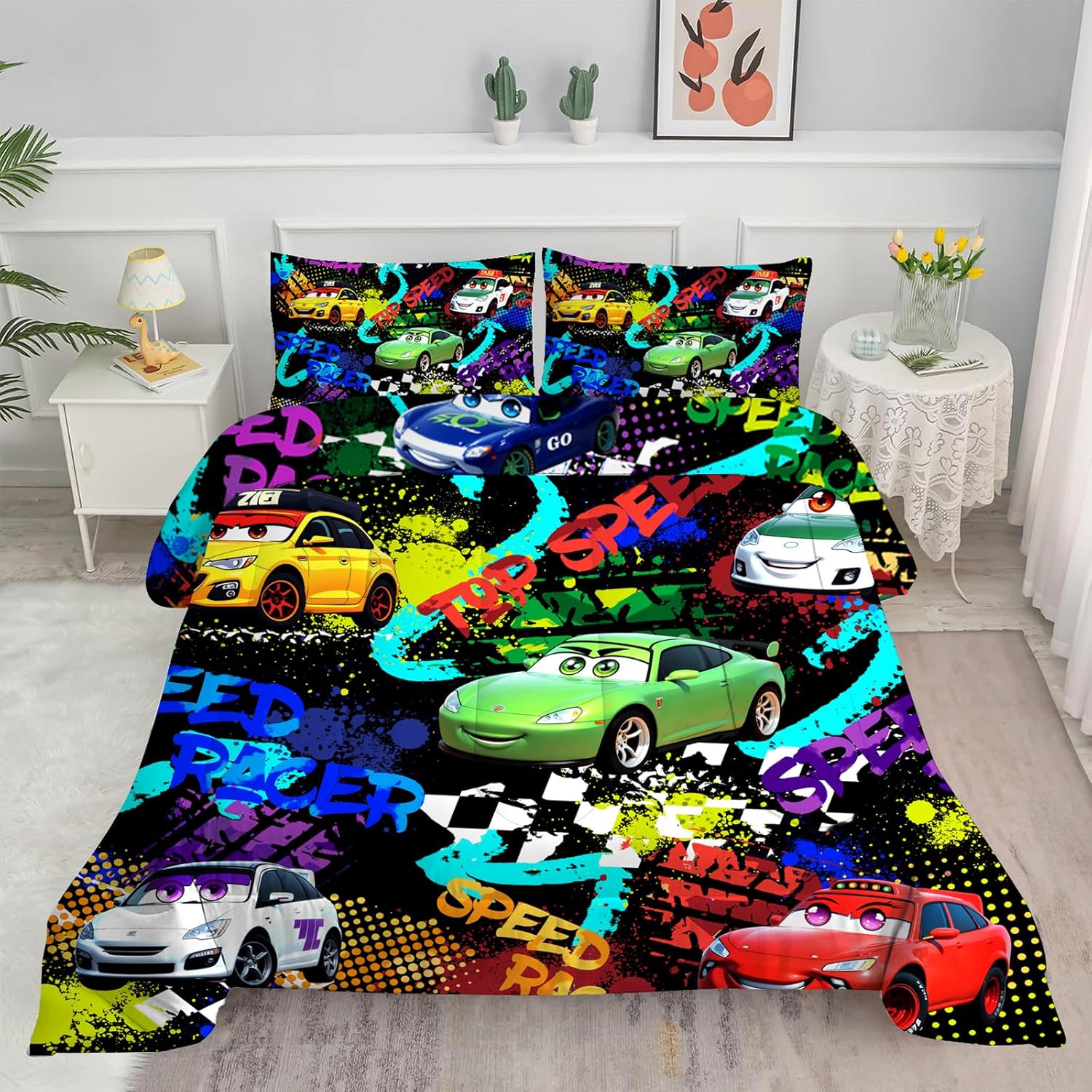 NMPICO Juego de ropa de cama individual para niños y niñas, juego de ropa de cama de coche de carreras coloridos juegos de ropa de cama de automóvil