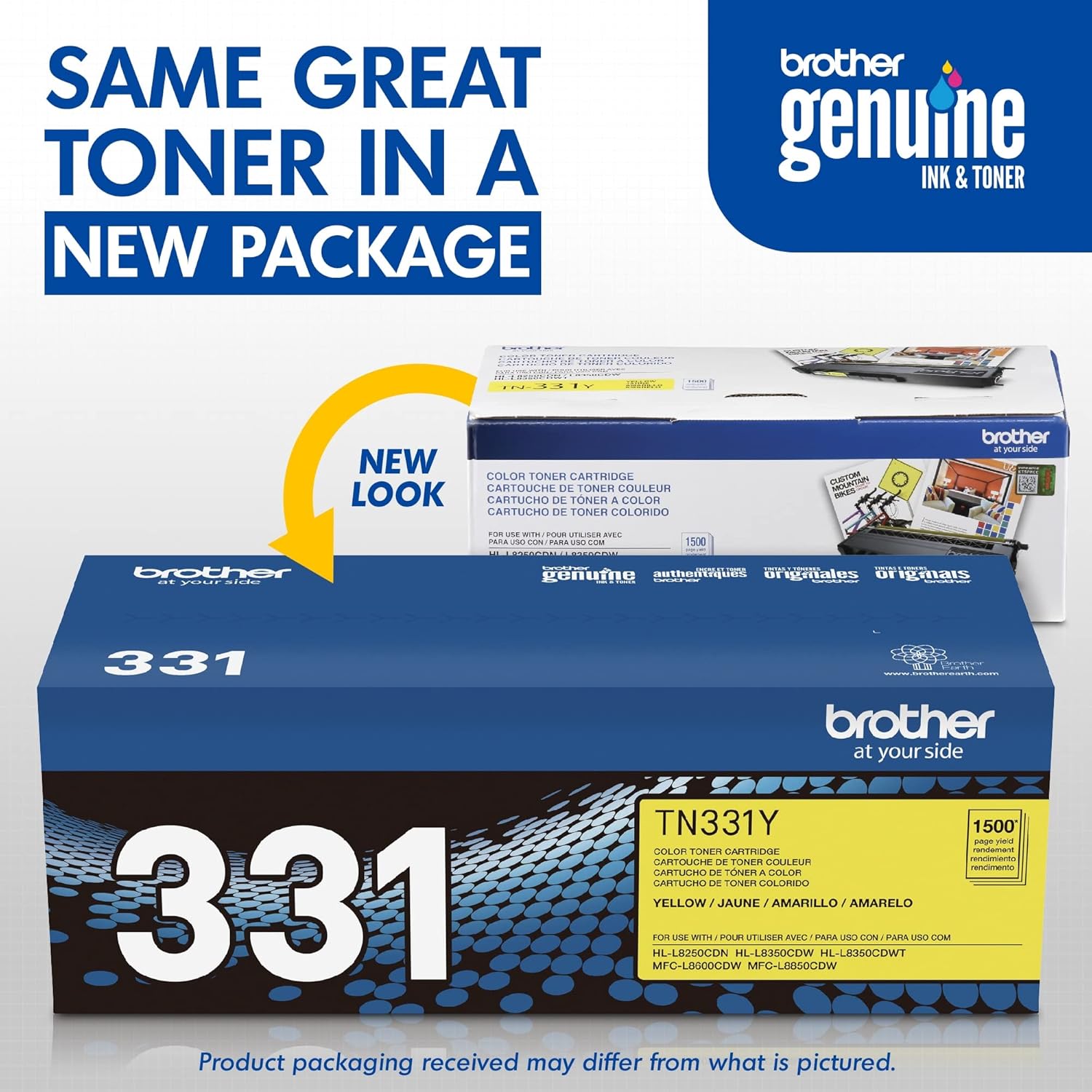 Brother Genuine marca nombre, TN331Y OEM Yellow Toner Cartridge (1.5K YLD) para impresoras HL-L8250CDN, HL-L8350CDW, HL-L8350CDWT, MFC-L8600CDW,