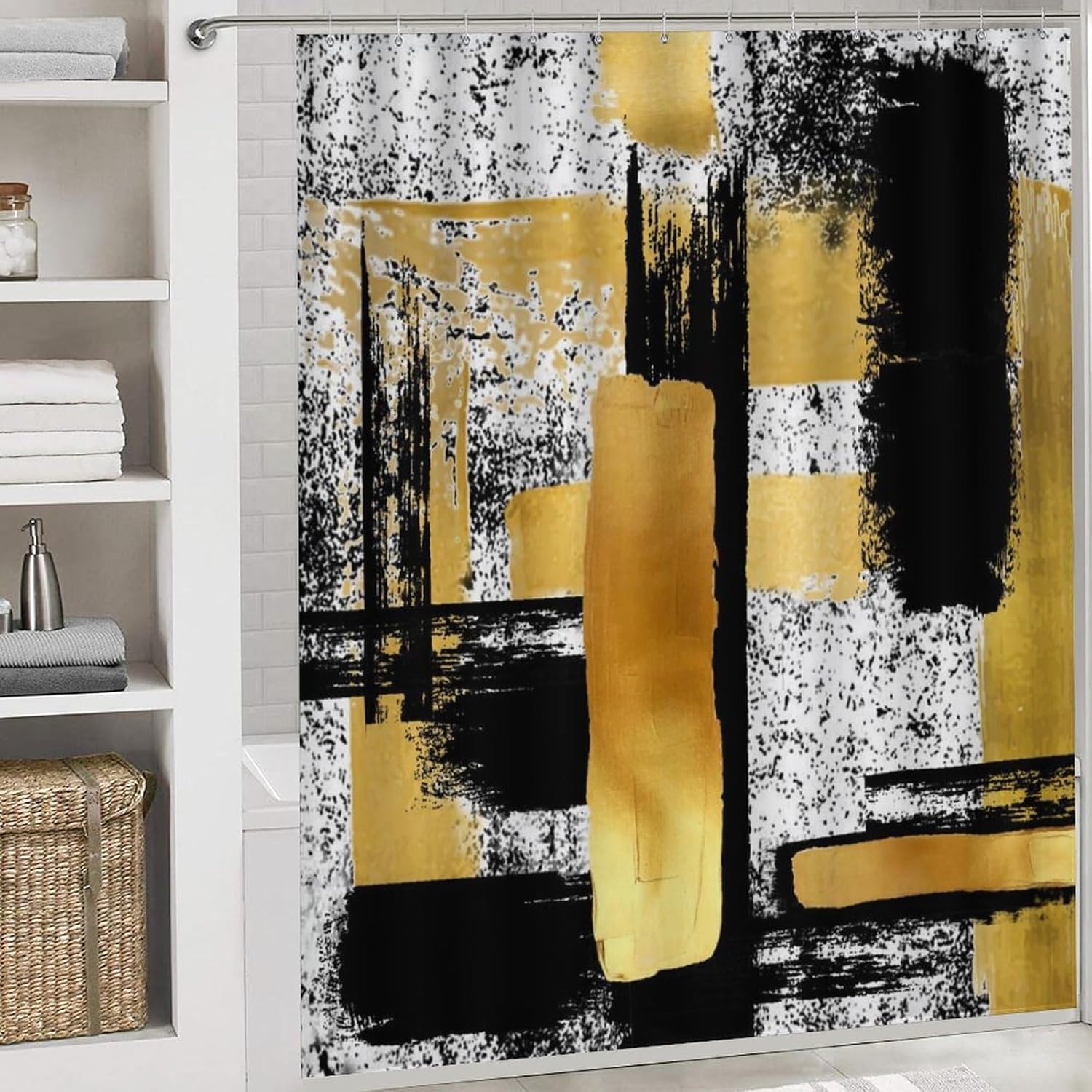 Juego de 4 cortinas de ducha de arte geométrico moderno abstracto, estilo grunge, negro, blanco, dorado, impreso, juego de decoración de baño con