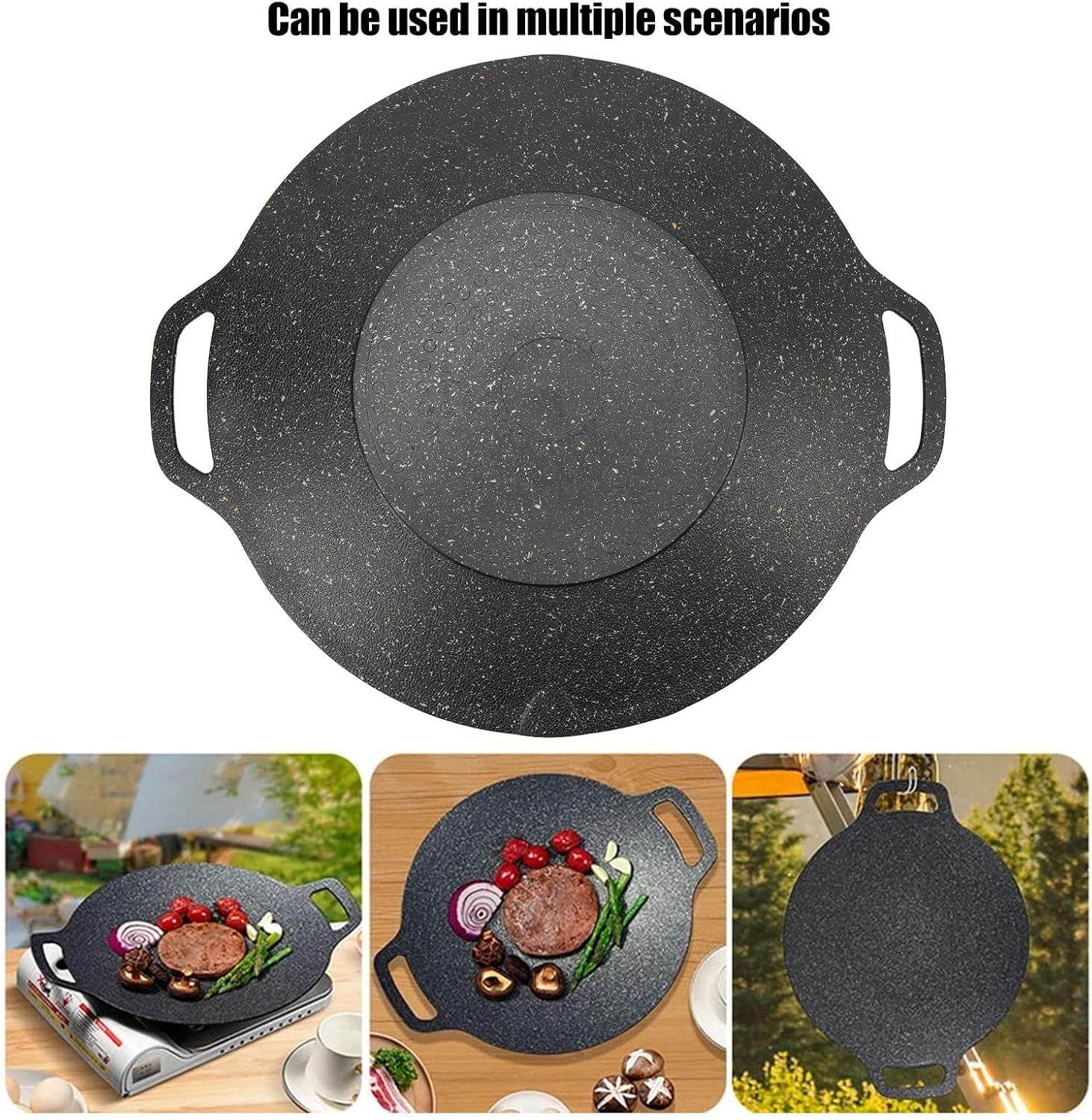 Sartén coreana para barbacoa, parrilla redonda con revestimiento antiadherente de 6 capas, sartén coreana de aluminio con asas dobles para asar