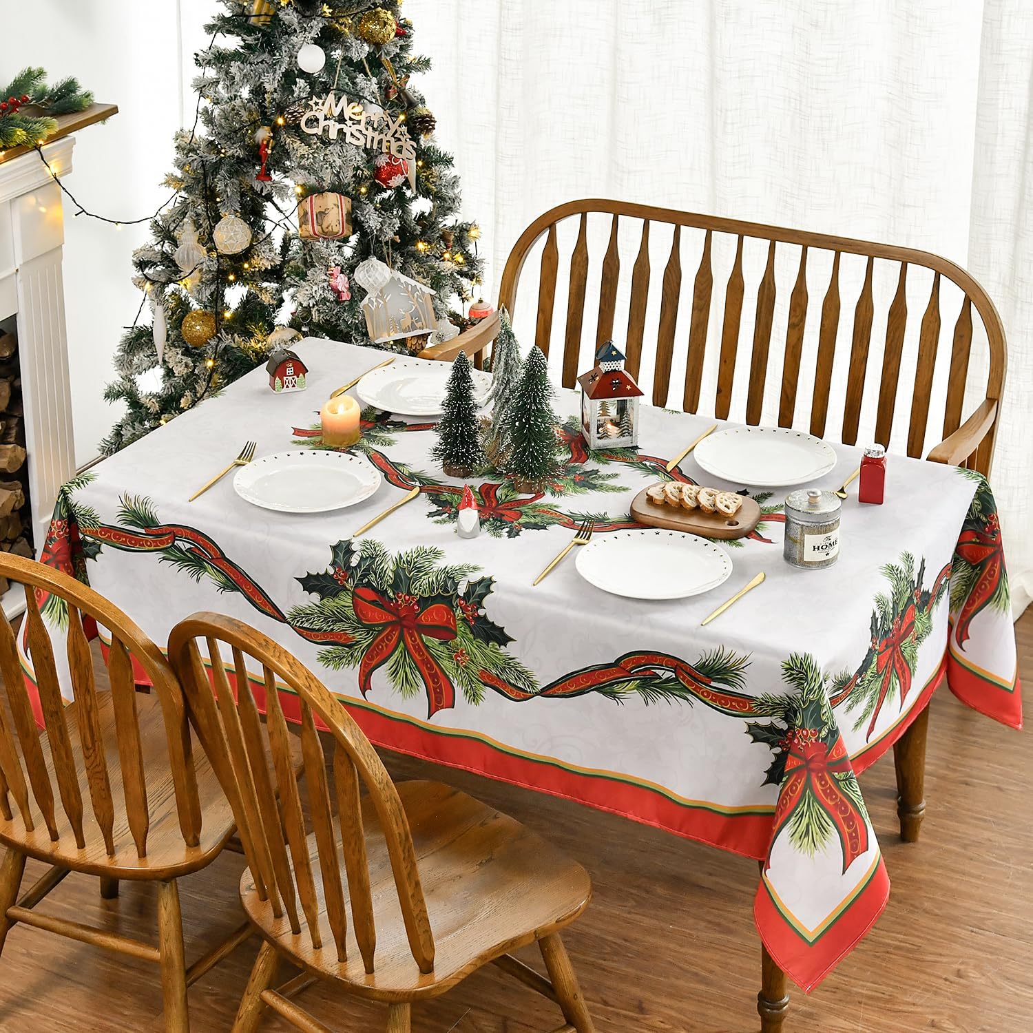 Horaldaily Mantel navideño de 60 x 104 pulgadas, diseño de flor de pascua con cinta dorada lavable, para decoración de fiestas, pícnic, cenas