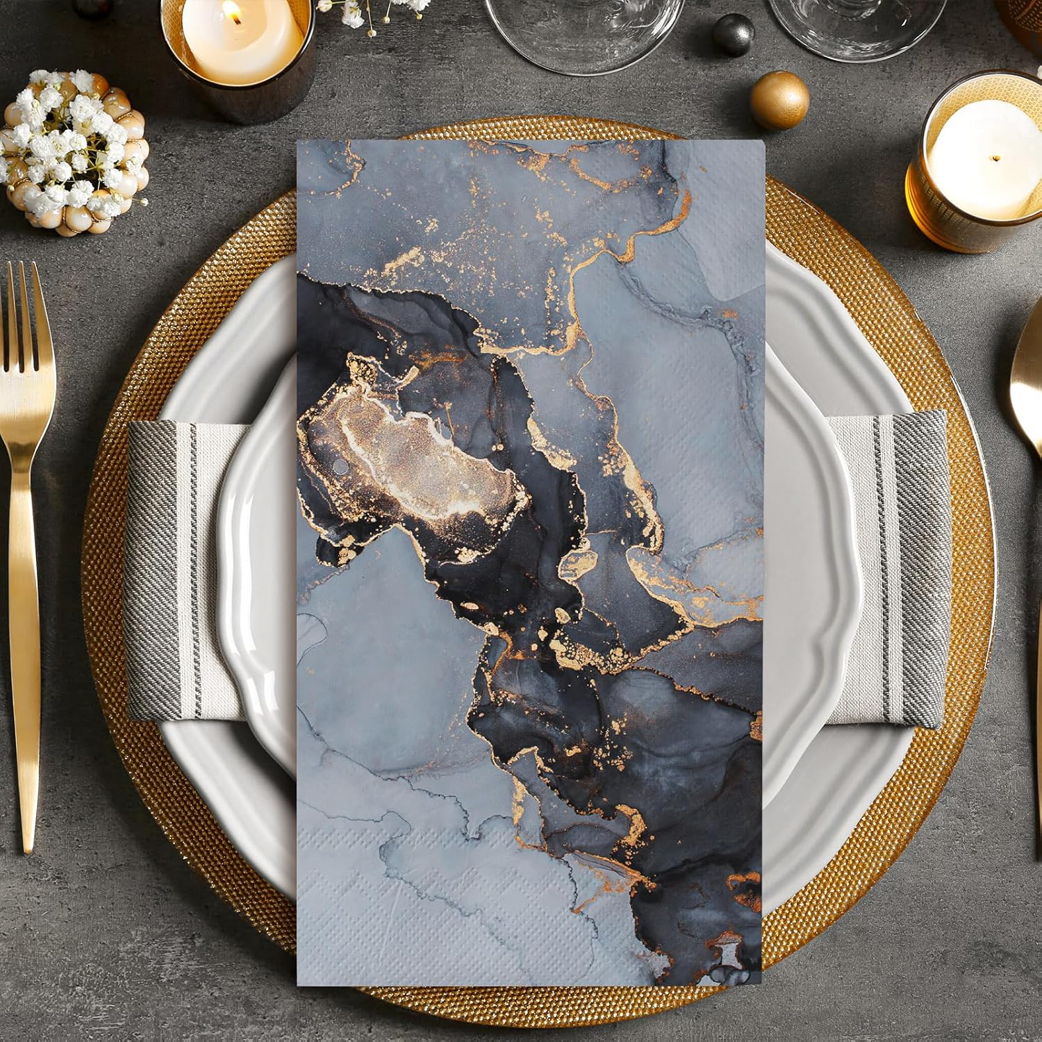 AnyDesign Paquete de 100 servilletas de mármol de 3 capas desechables de papel elegante azul dorado marmoleado para fiesta, servilletas de mano de
