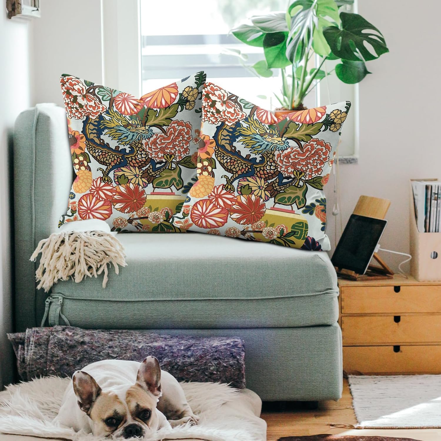 WWH Chinoiserie – Juego de 2 fundas de almohada de dragón de 18 x 18 pulgadas, fundas de almohada decorativas para sofá, sala de estar, cama, fundas