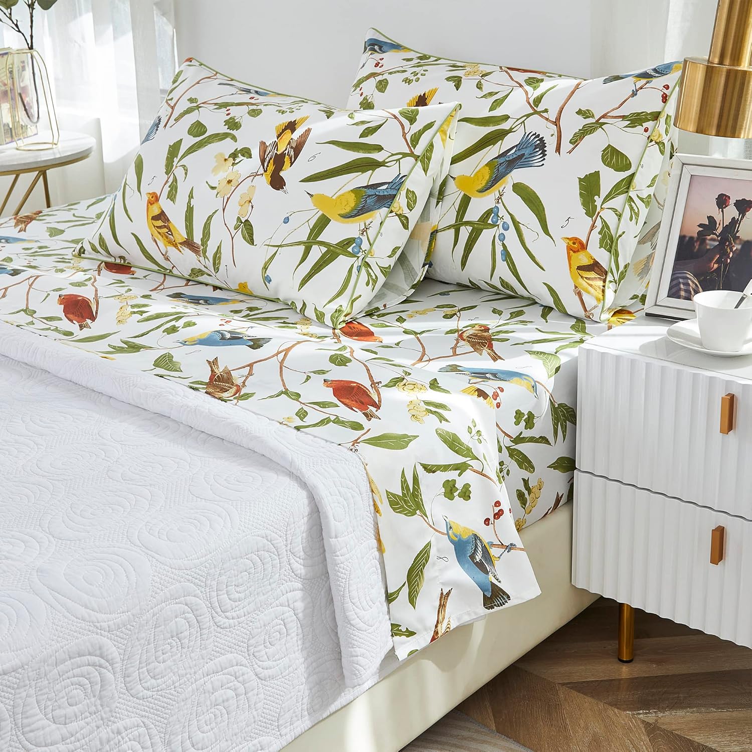 Brandream Juego de sábanas de lujo con diseño de pájaros florales orientales, 800 hilos, 100% algodón egipcio, bolsillo profundo, color blanco,