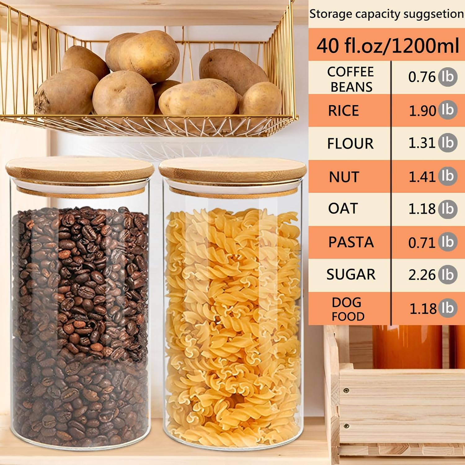 Recipiente hermético de almacenamiento de vidrio con tapa de madera (40 onzas), recipiente transparente para almacenamiento de alimentos con tapa de
