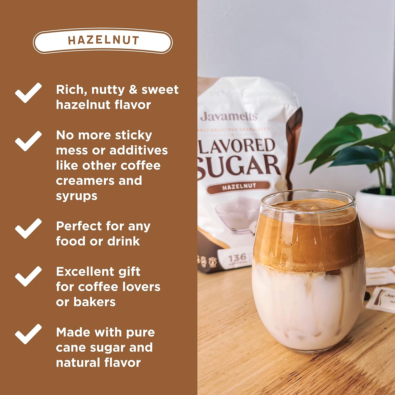 JAVAMELTS Azúcar con sabor a avellana, añade sabor a tu café o té, o al hornear dulces, sin OMG, sin lácteos, sin gluten, kosher, (bolsa de 1.5