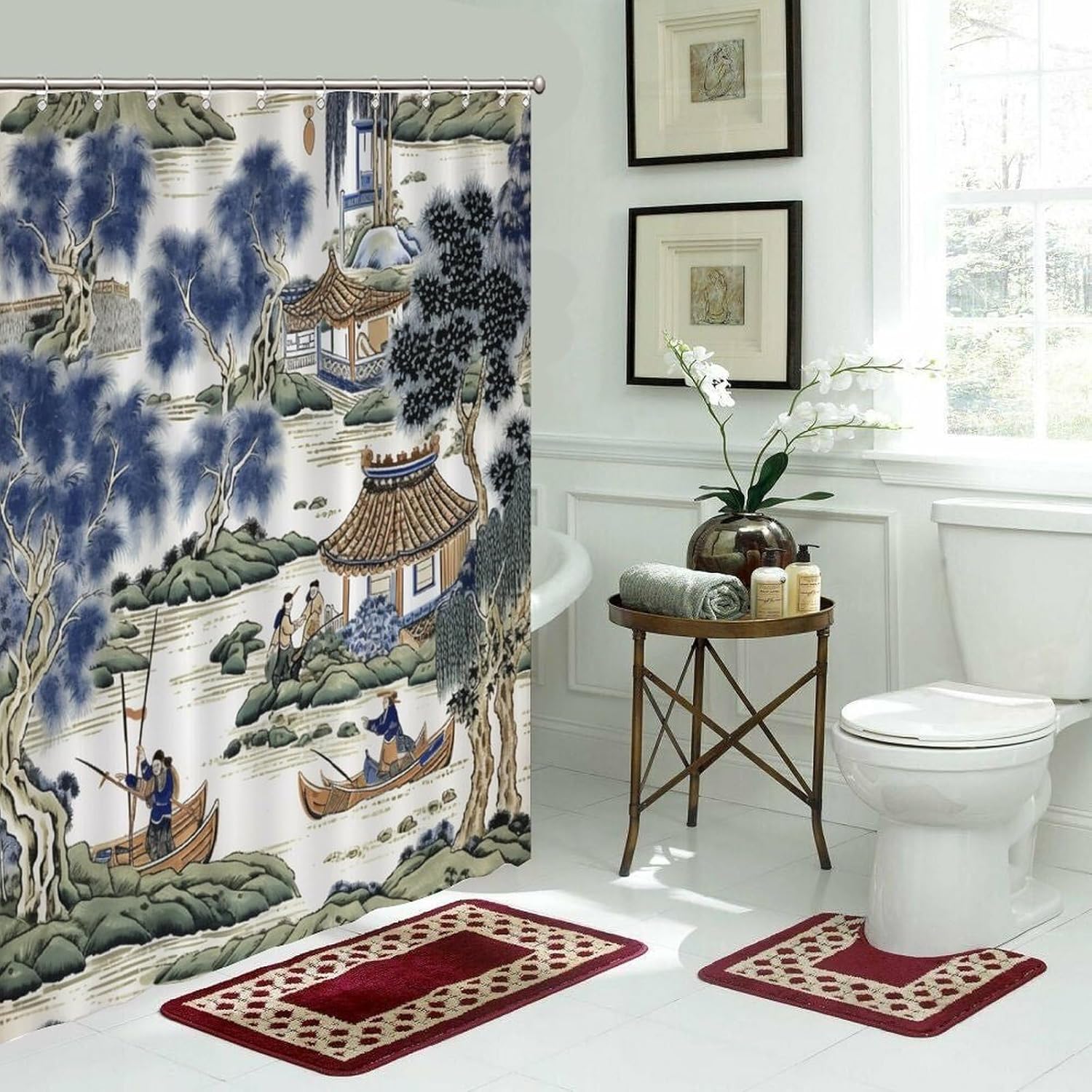 Cortina de ducha azul y verde chinoiserie de pinos chinos, tela de pabellón chino, forro de cortina de ducha impermeable para decoración de bañeras