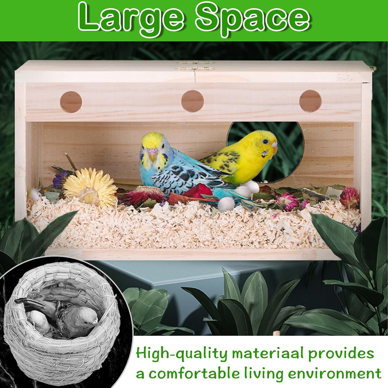 Hamiledyi Caja nido de periquitos transparente para pájaros, jaula de madera, caja de cría para agapornis, cacatúa, budgie, conure, pinzón, loro,