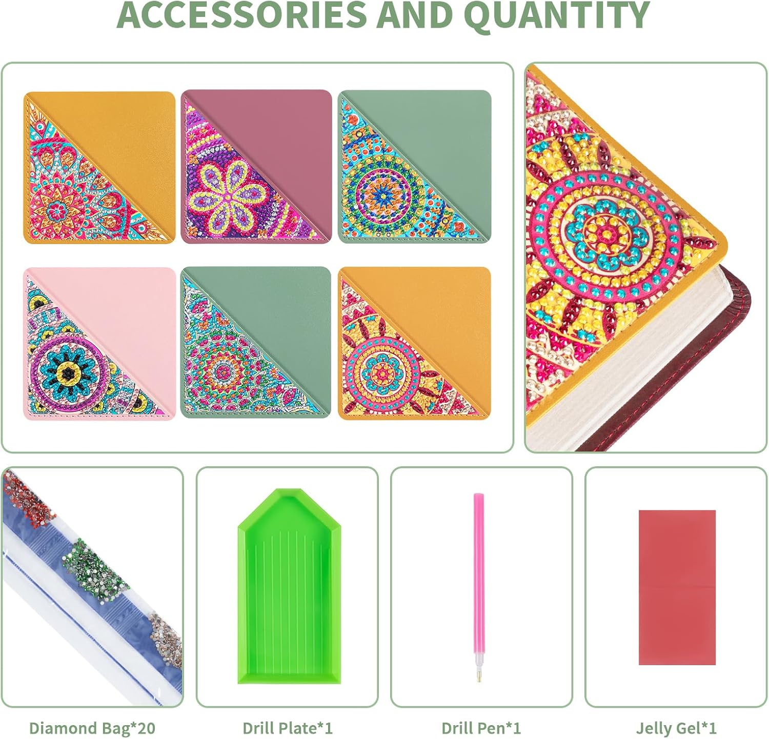 ALKALO Juego de 6 marcapáginas de esquina de pintura de diamantes DIY 5d Mandala Diamond Page Book Art Kits