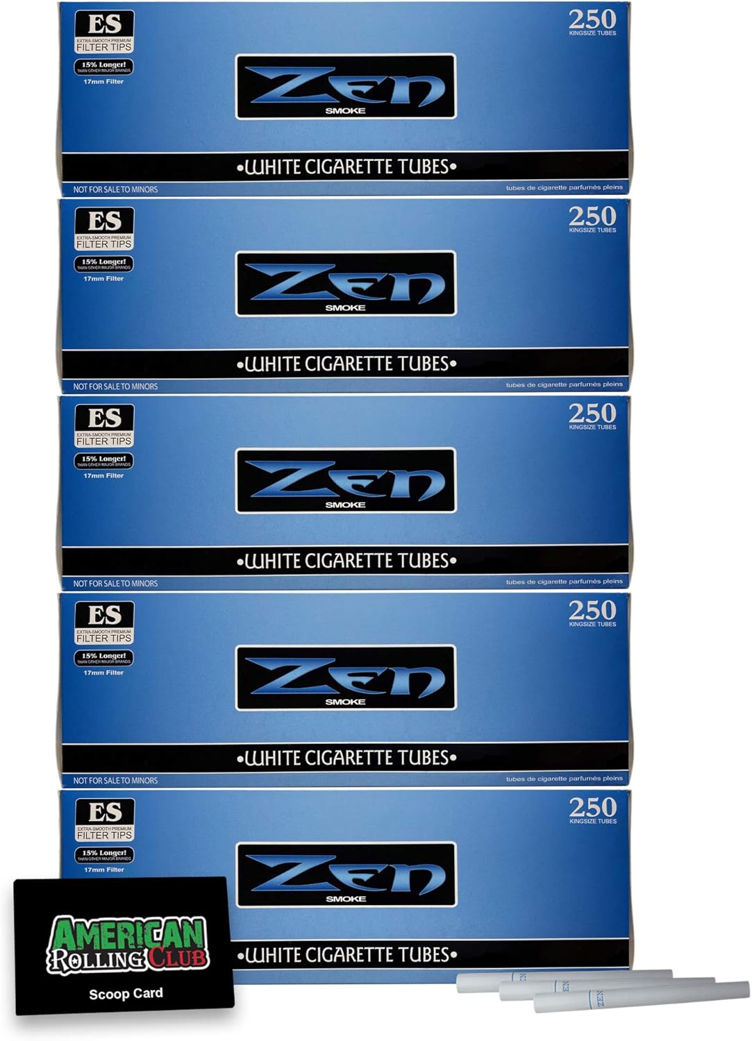 Zen – Tubos para cigarrillos  Ligero  Tamaño King  Paquete de 5  1250 tubos  Incluye tarjeta American Rolling Scoop