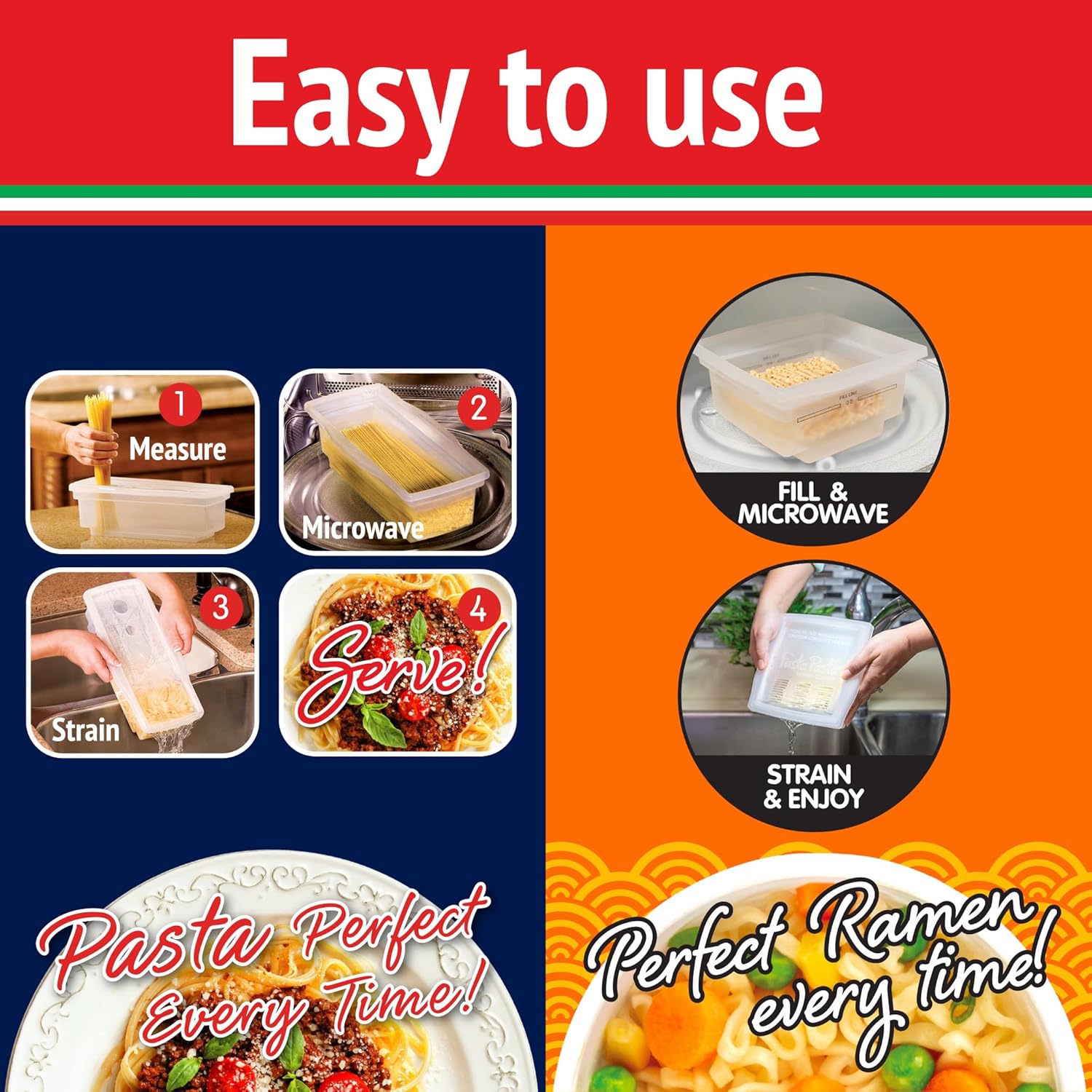 El paquete original de cocina Fasta Pasta para microondas y olla de ramen, cada uno con tapas de colador integradas, sin ensuciar, pegar, desbordar