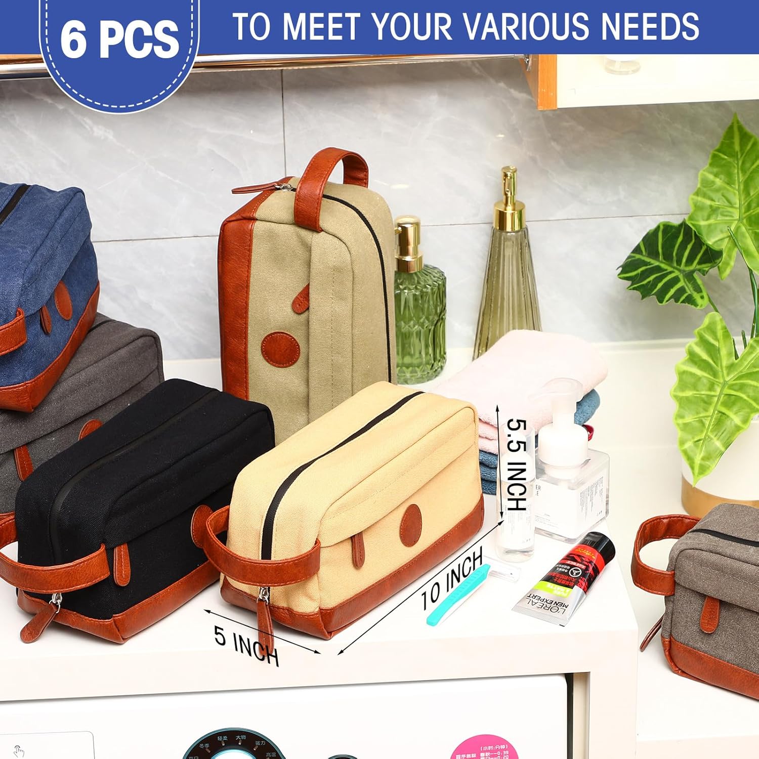 6 bolsas de aseo para hombre para viajar, bolsa de afeitado colgante para hombre, kit de baño a granel, lona y cuero con bolsas de aseo de gran