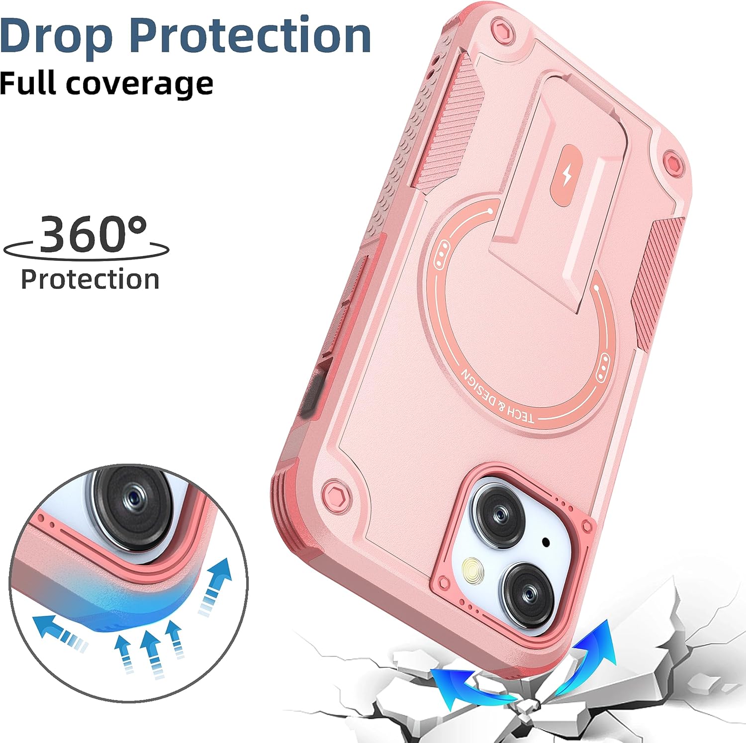 Funda magnética para iPhone 15 con soporte invisible compatible con MagSafe protección contra caídas con borde de TPU suave, parte trasera dura,