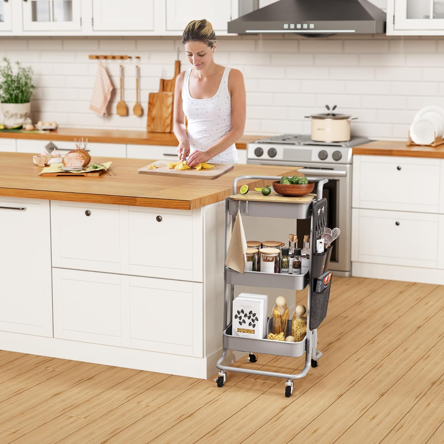 DTK Carrito de metal de 3 niveles con mesa y bolsas laterales, bandeja organizadora de almacenamiento, 4 ganchos para cocina, baño, oficina, sala de