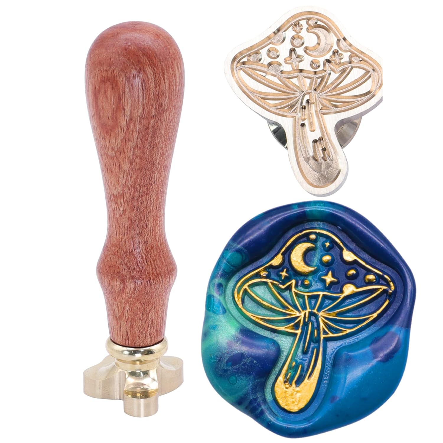 SWANGSA Sello de cera de hongo de luna, sello de cera de sellado vintage, cabeza de sello de cera de latón extraíble y mango de sello de cera de