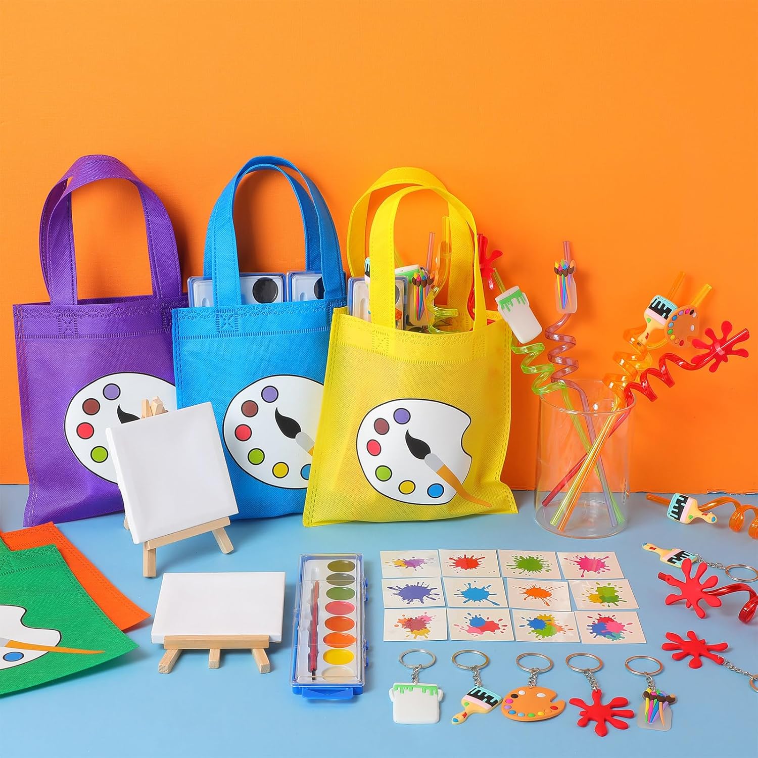 Zhanmai Pintura para fiestas de niños pequeños, pintura artística, lienzo, acuarela, pintura artística, pajitas, llavero, bolsas temporales de