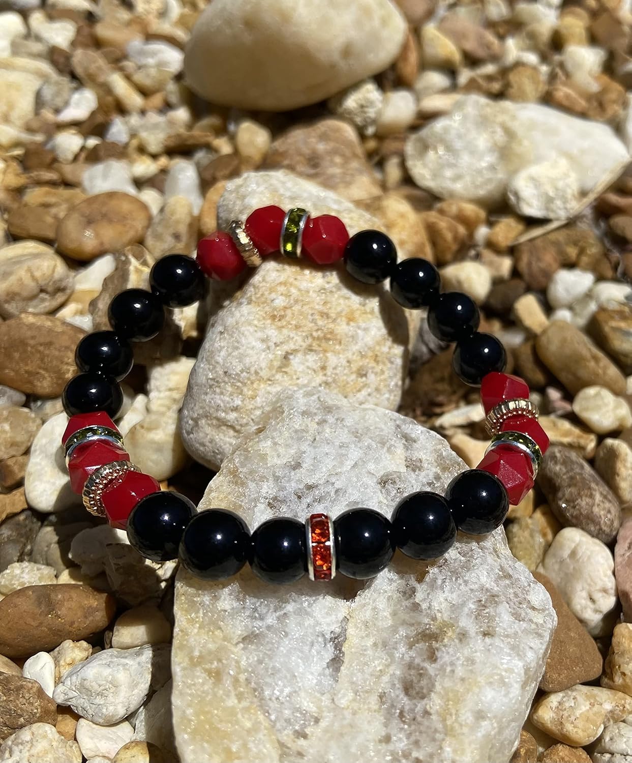 Black onyx and red jade protection bracelet- Rasta and Jamaican inspired natural stone stretch elastic beaded bangle jewelry