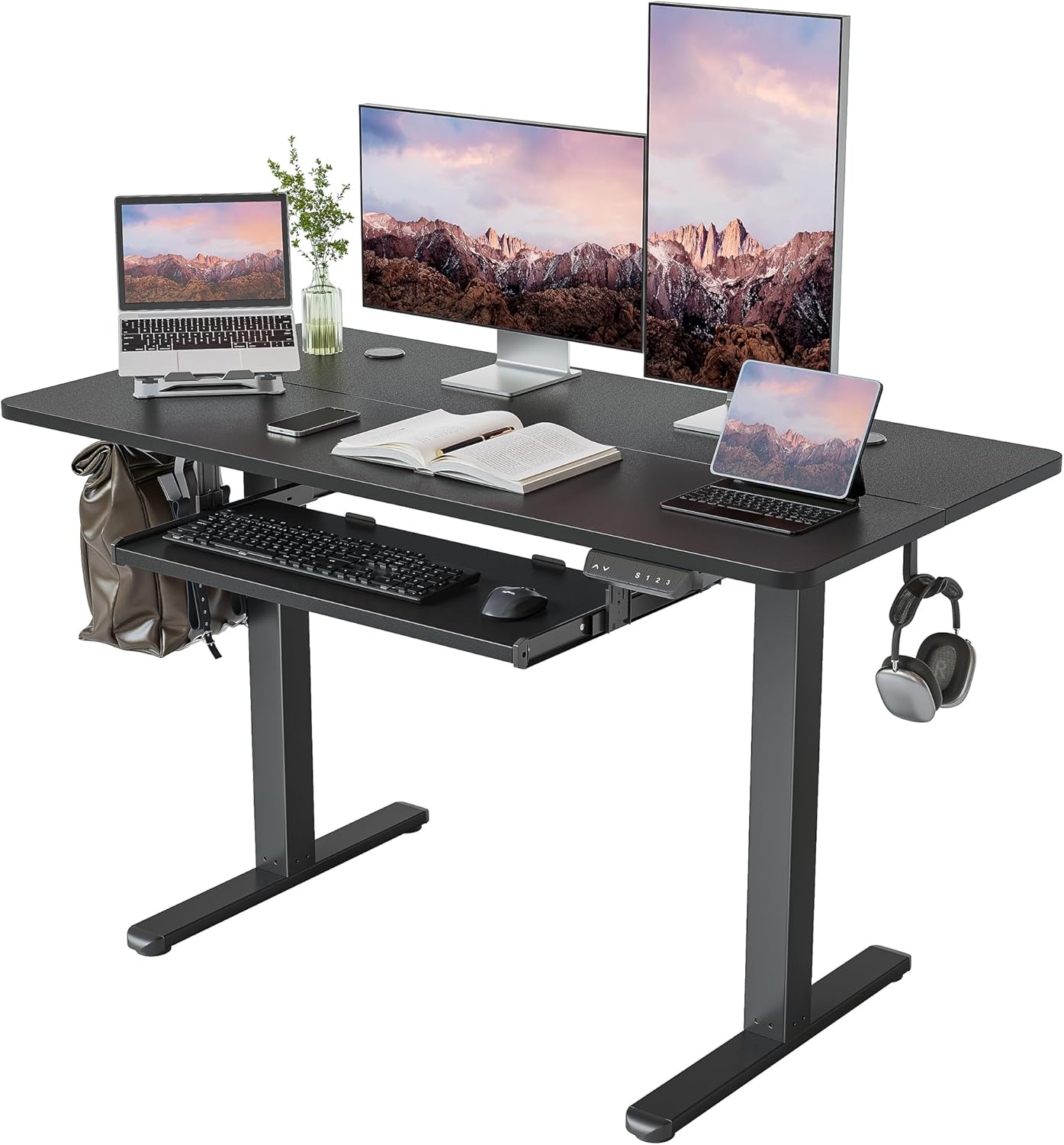 CubiCubi Escritorio eléctrico de pie ajustable de altura grande de 63 x 24 pulgadas con bandeja para teclado, estación de trabajo ergonómica para