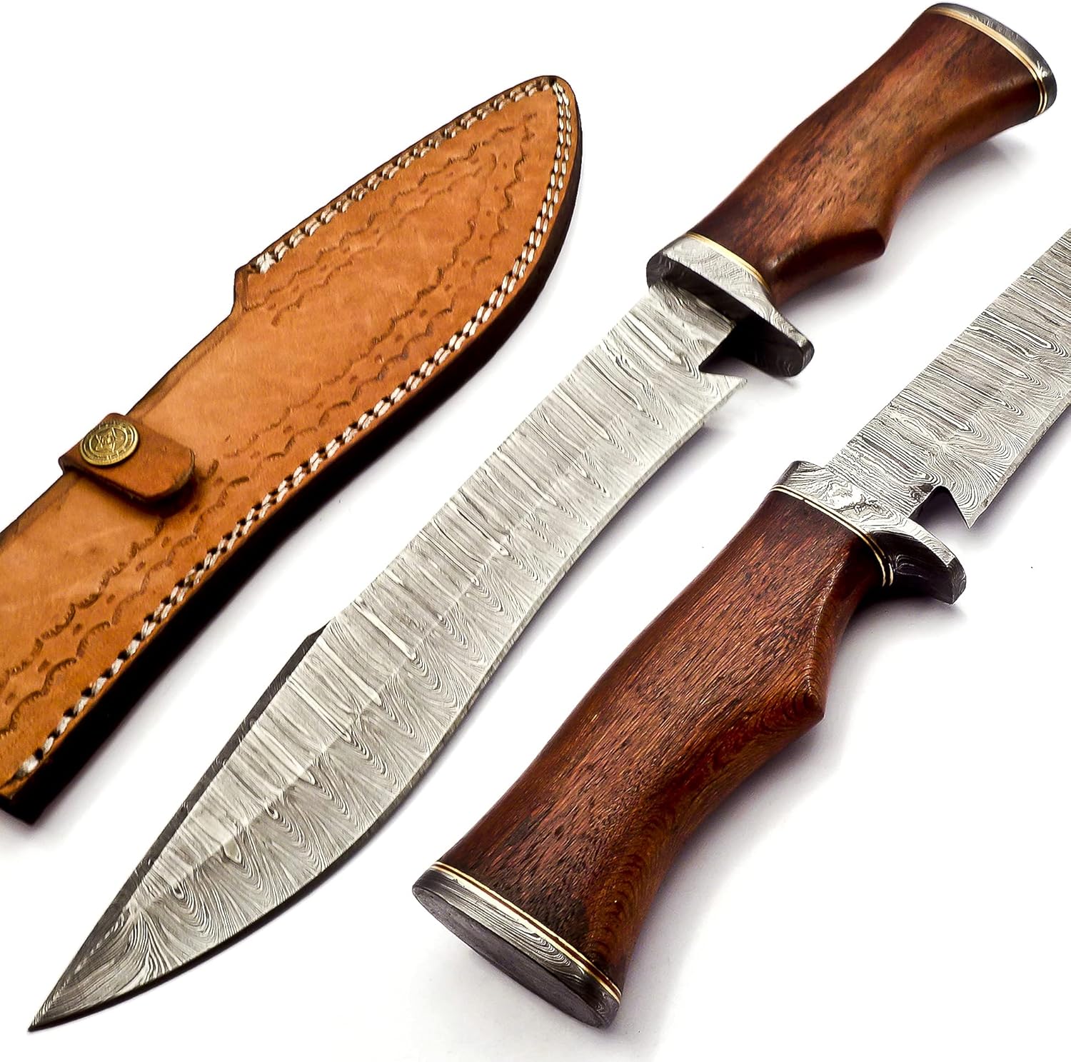 Nooraki – Cuchillo Bowie de acero de Damasco hecho a mano de 15 pulgadas – Cuchillo de caza de hoja fija con mango cómodo de palisandro fuerte para