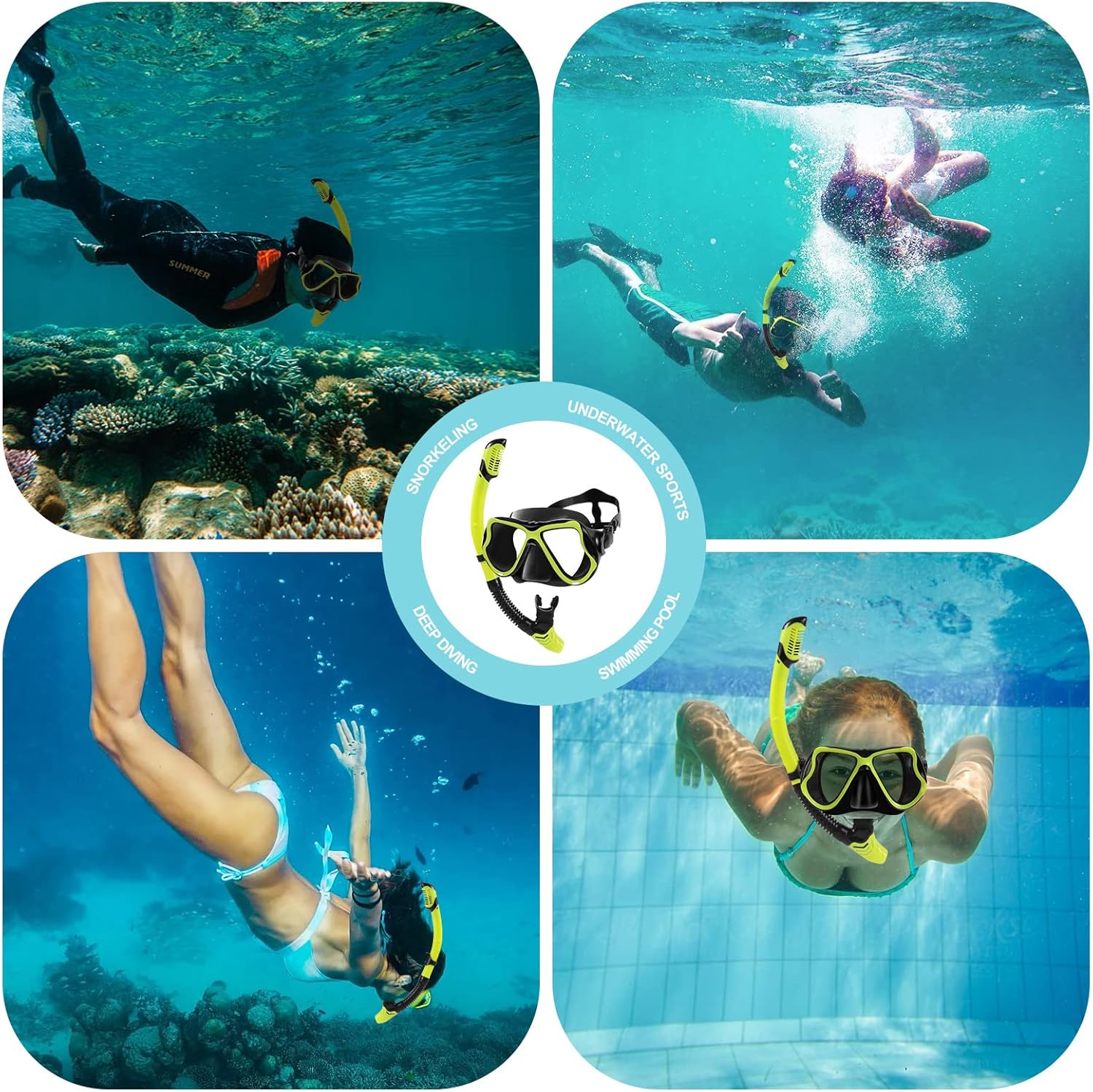 Konelia Juego de 2 gafas de snorkel seco con vista panorámica panorámica, antivaho, gafas de natación para adultos y jóvenes