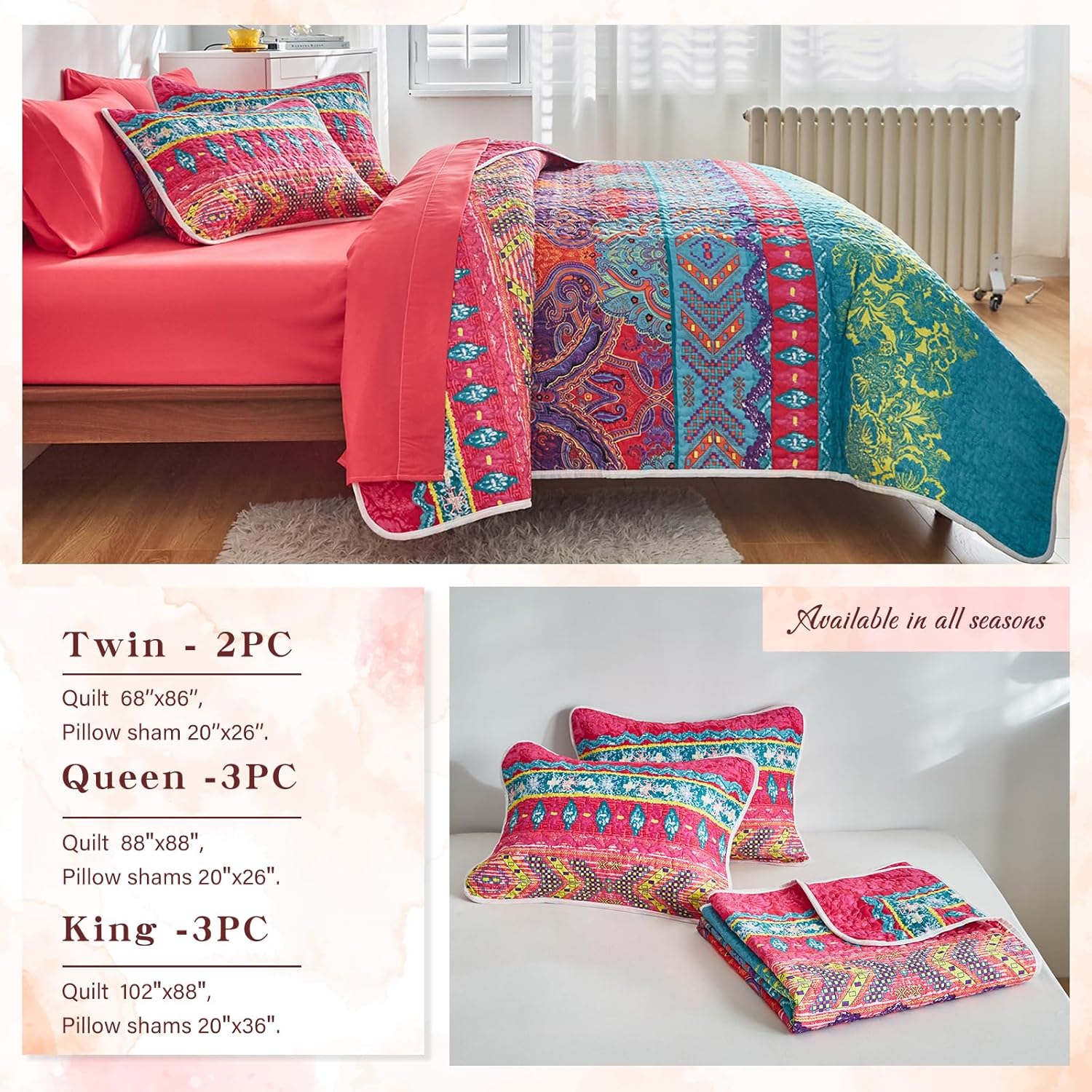 Juego de edredón bohemio colorido de 3 piezas, tamaño King, juego de ropa de cama con estampado bohemio a rayas rosa y verde azulado para verano,
