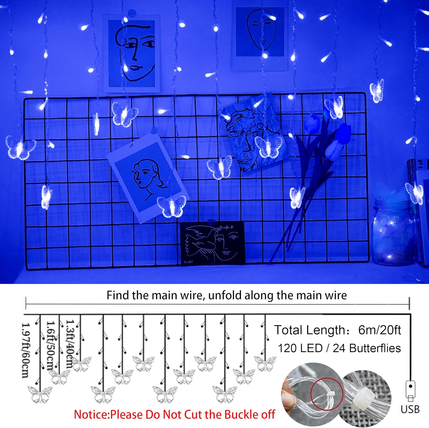 Guirnalda de luces de mariposa azul con enchufe USB, 120 LED, 8 modos, 20 pies, luciérnaga, luces de carámbano parpadeantes, con temporizador